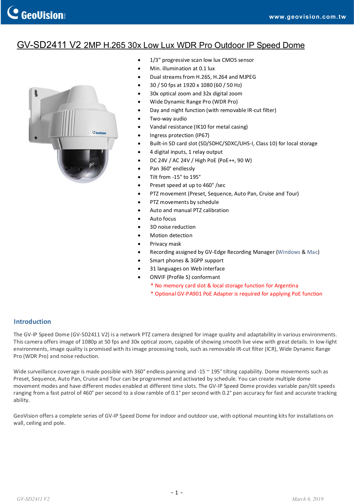 Geovision GV-SD2411-V2 Specsheet