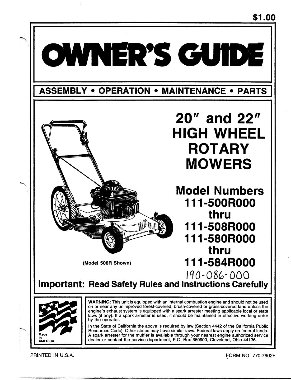 MTD 111-584R000, 111-500R000, 111-580R000 User Manual