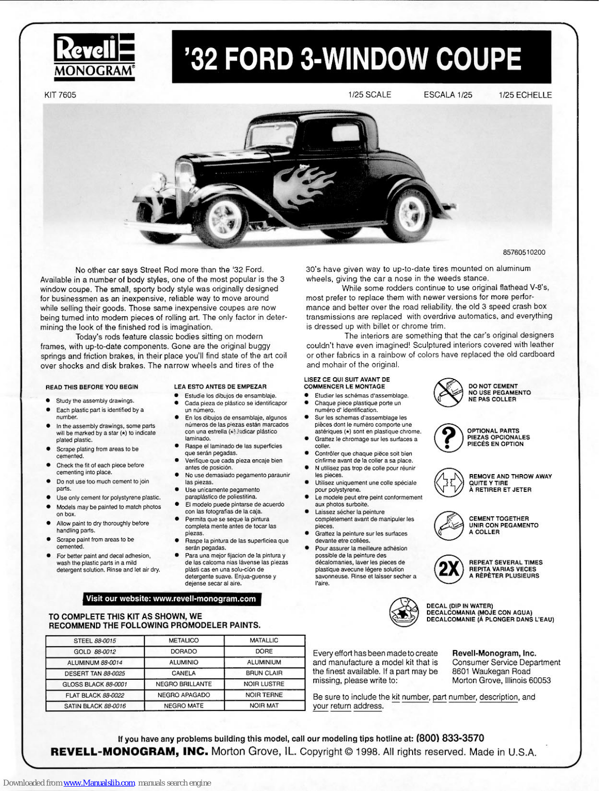 REVELL KIT 7605, Monogram '32 Ford 3-Window Coupe, Monogram 7605 Assembly Manual