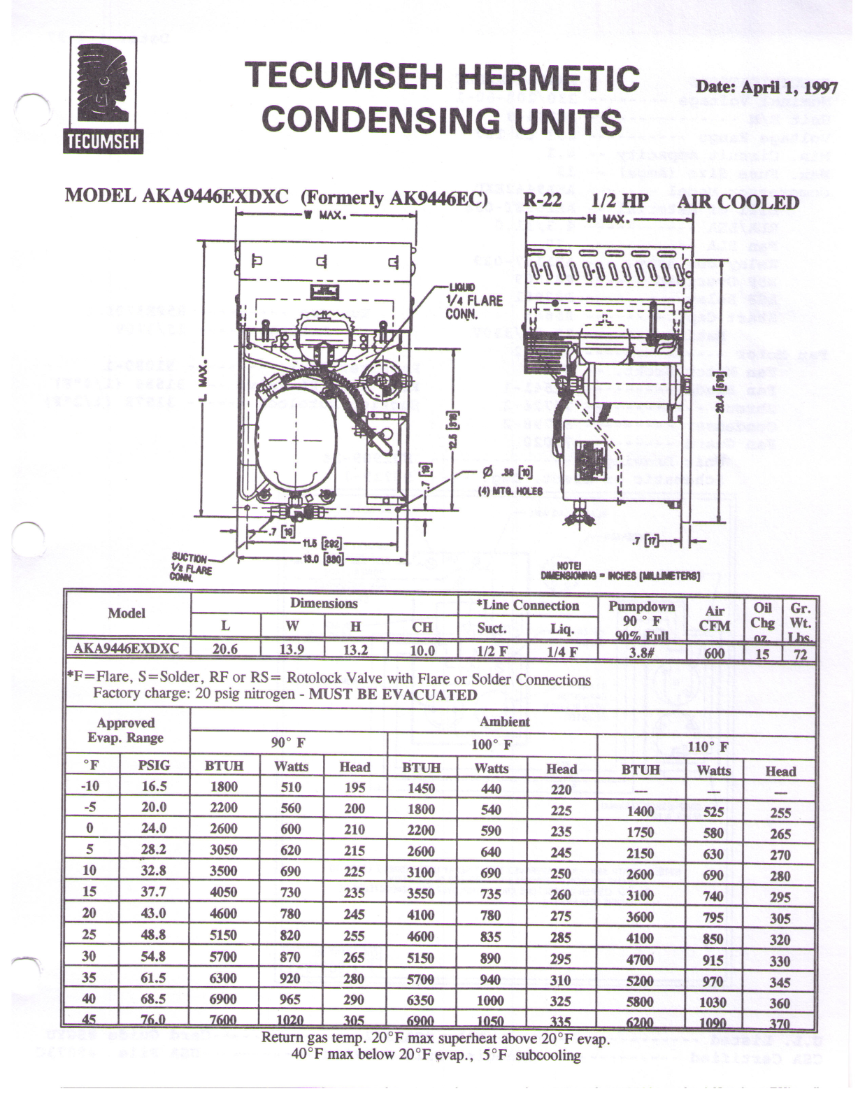 Tecumseh AKA9446EXDXC Performance Data Sheet