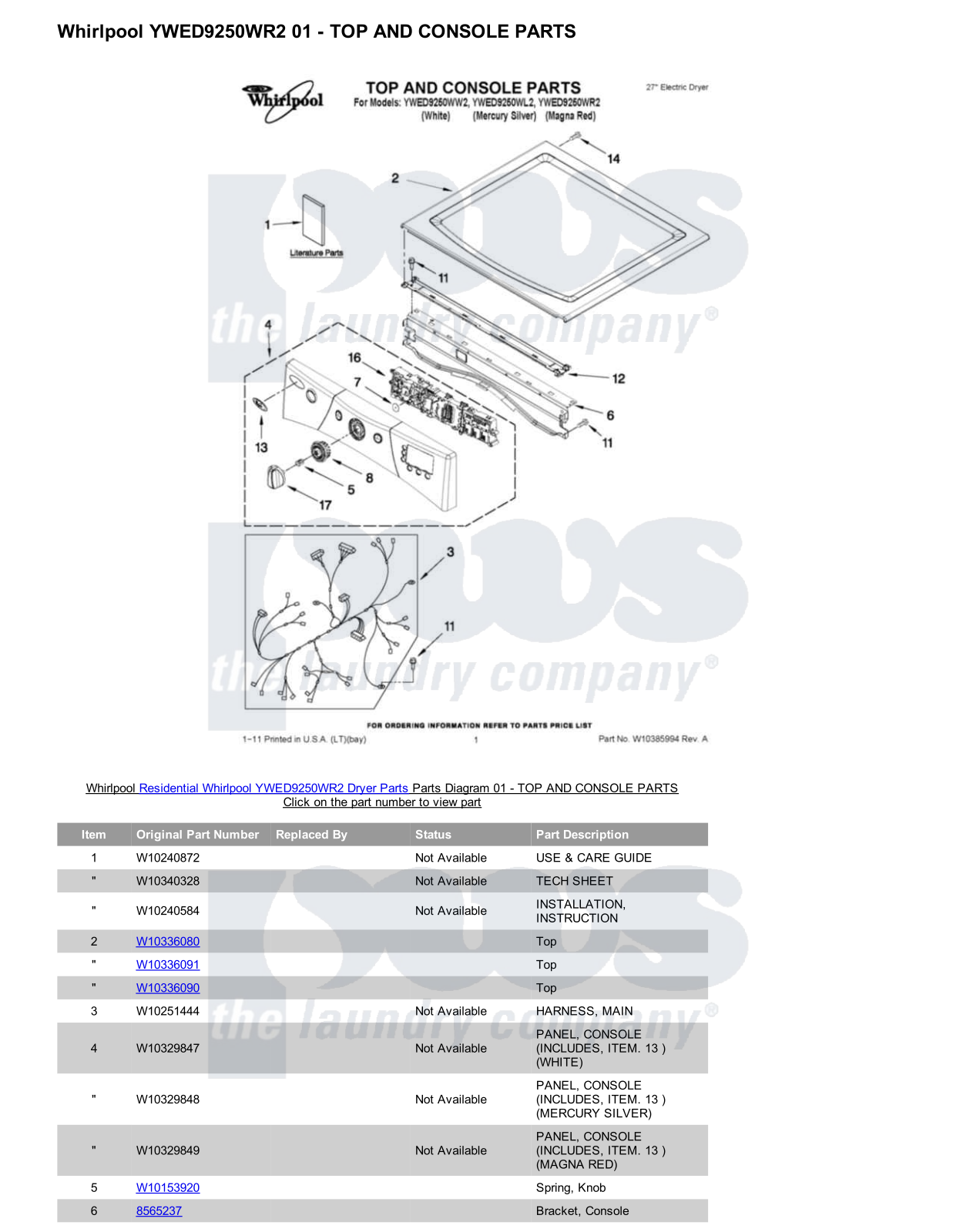 Whirlpool YWED9250WR2 Parts Diagram