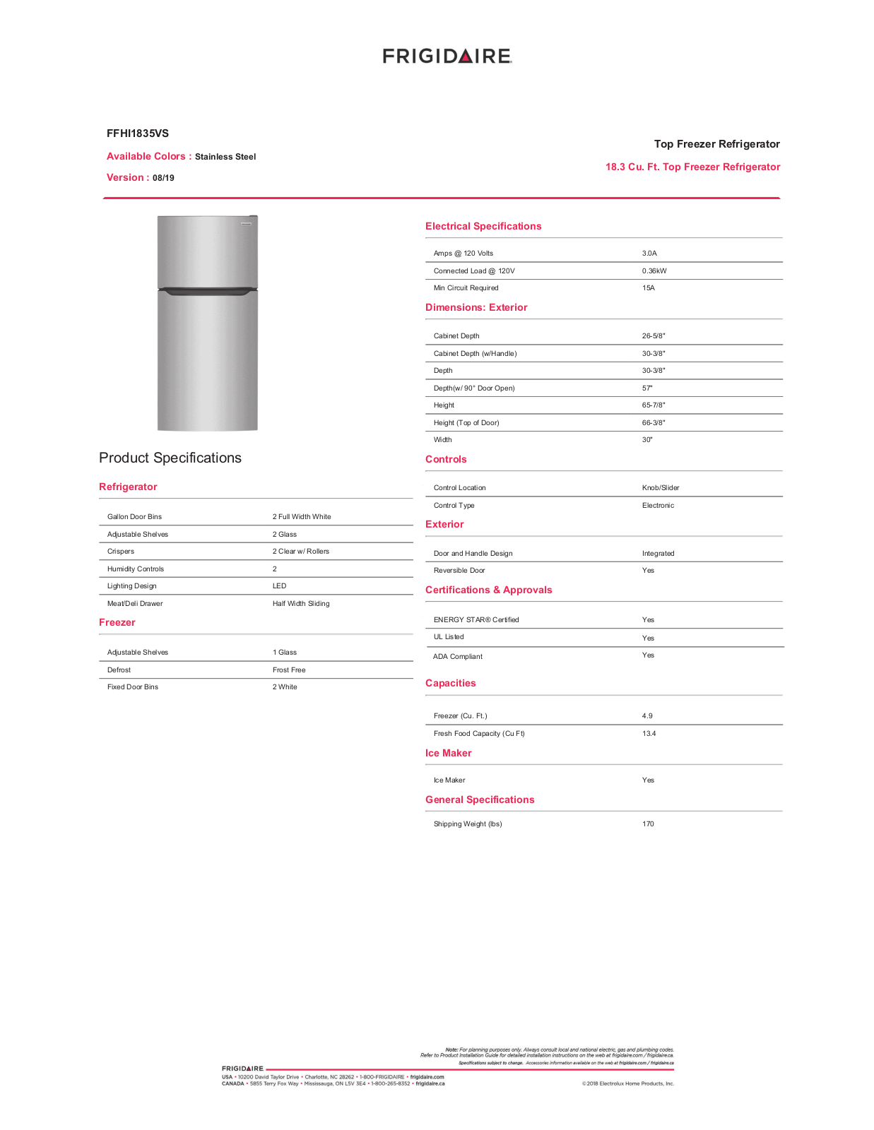 Frigidaire FFHI1835VS Specifications