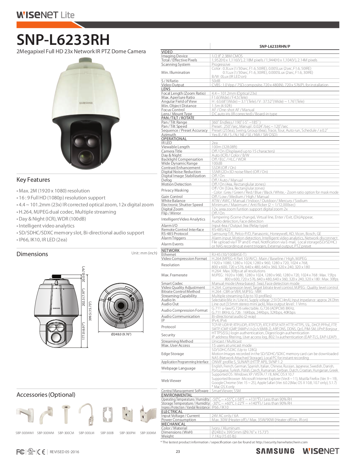 Samsung SNP-L6233RH Specsheet