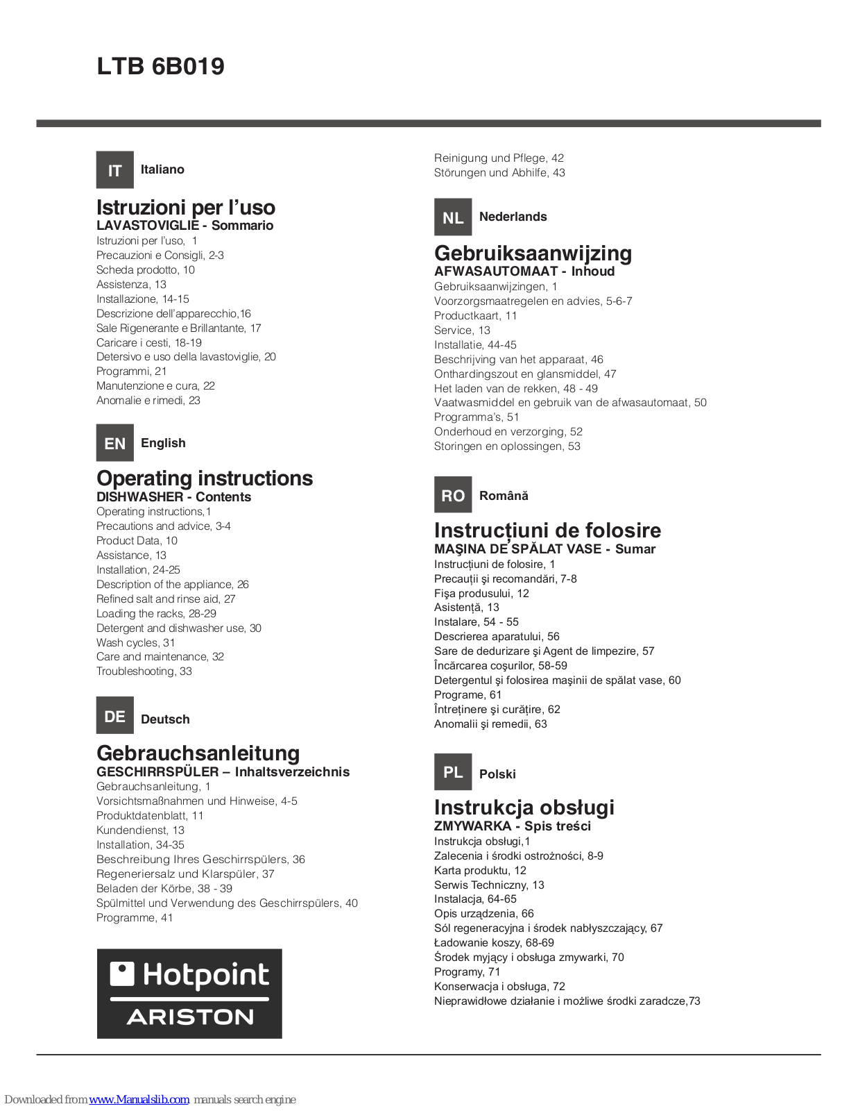 Hotpoint Ariston LTB 6B019 Operating Instructions Manual