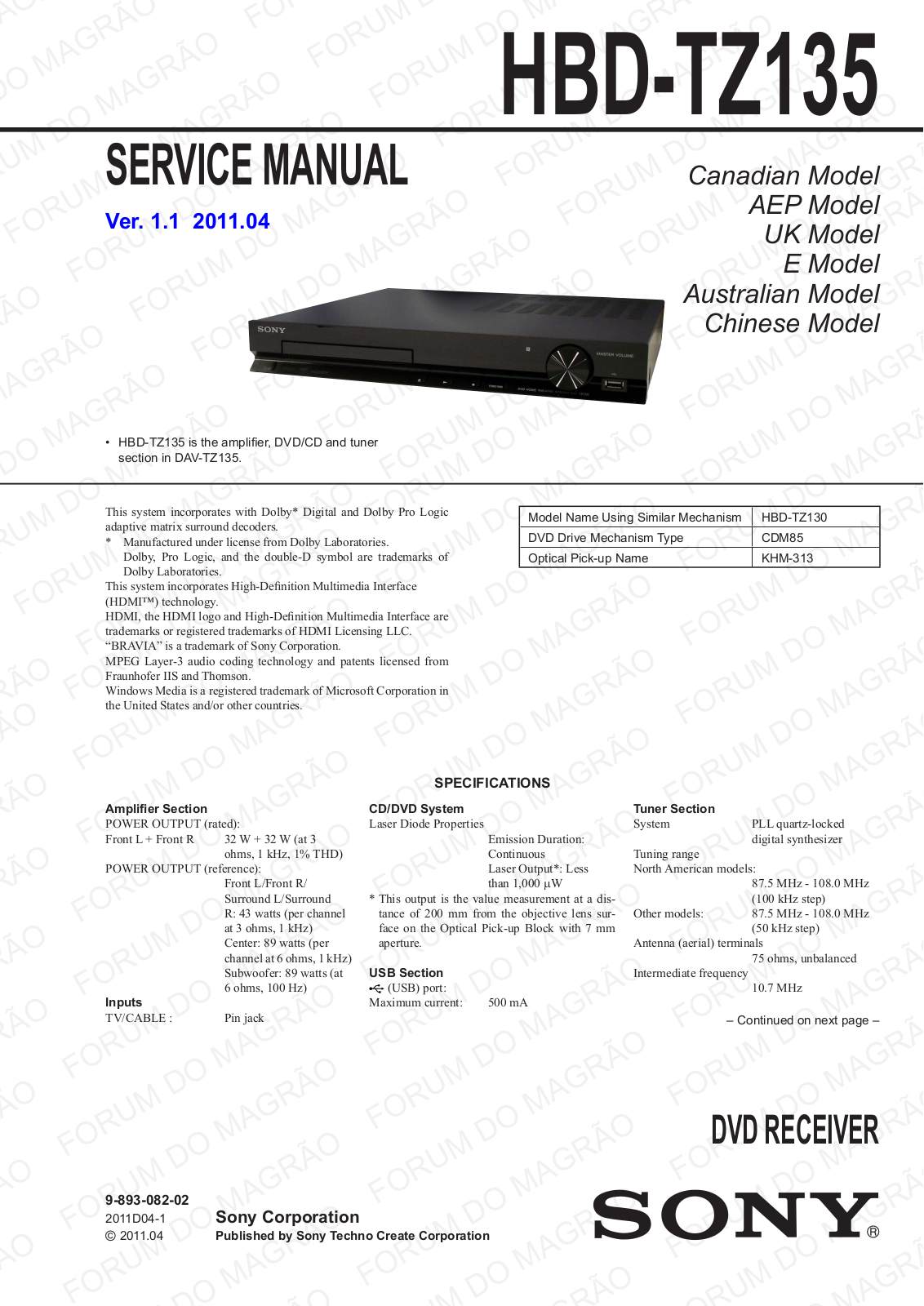 Sony HBD-TZ135 Schematic