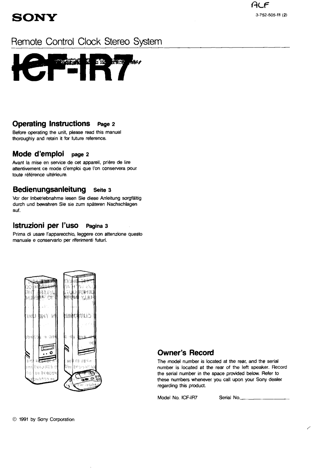 Sony ICF-IR7 Operating Instructions