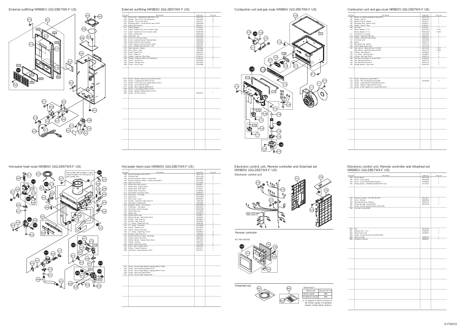 Noritz NR98-SV Parts List