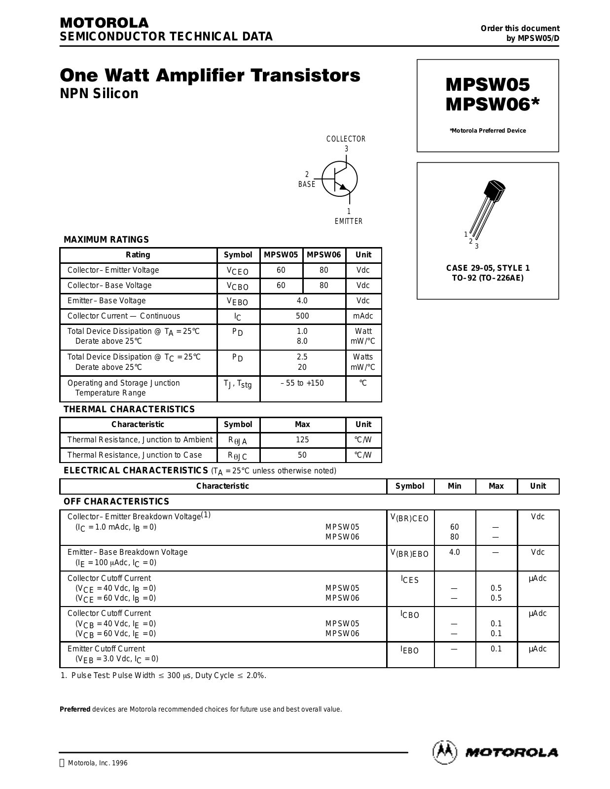 Motorola MPSW05, MPSW06 Datasheet