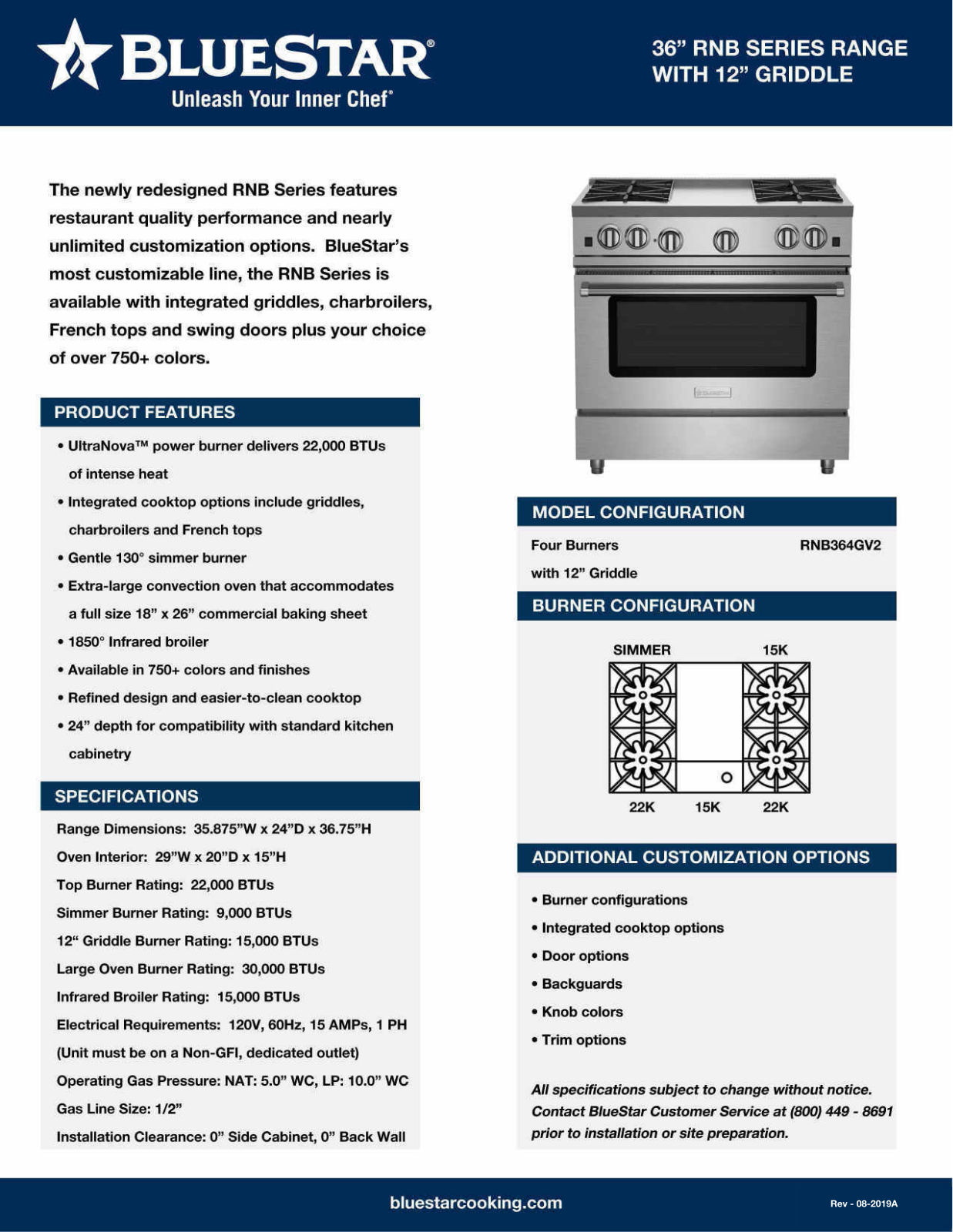 Bluestar RNB364GV2 Specsheet