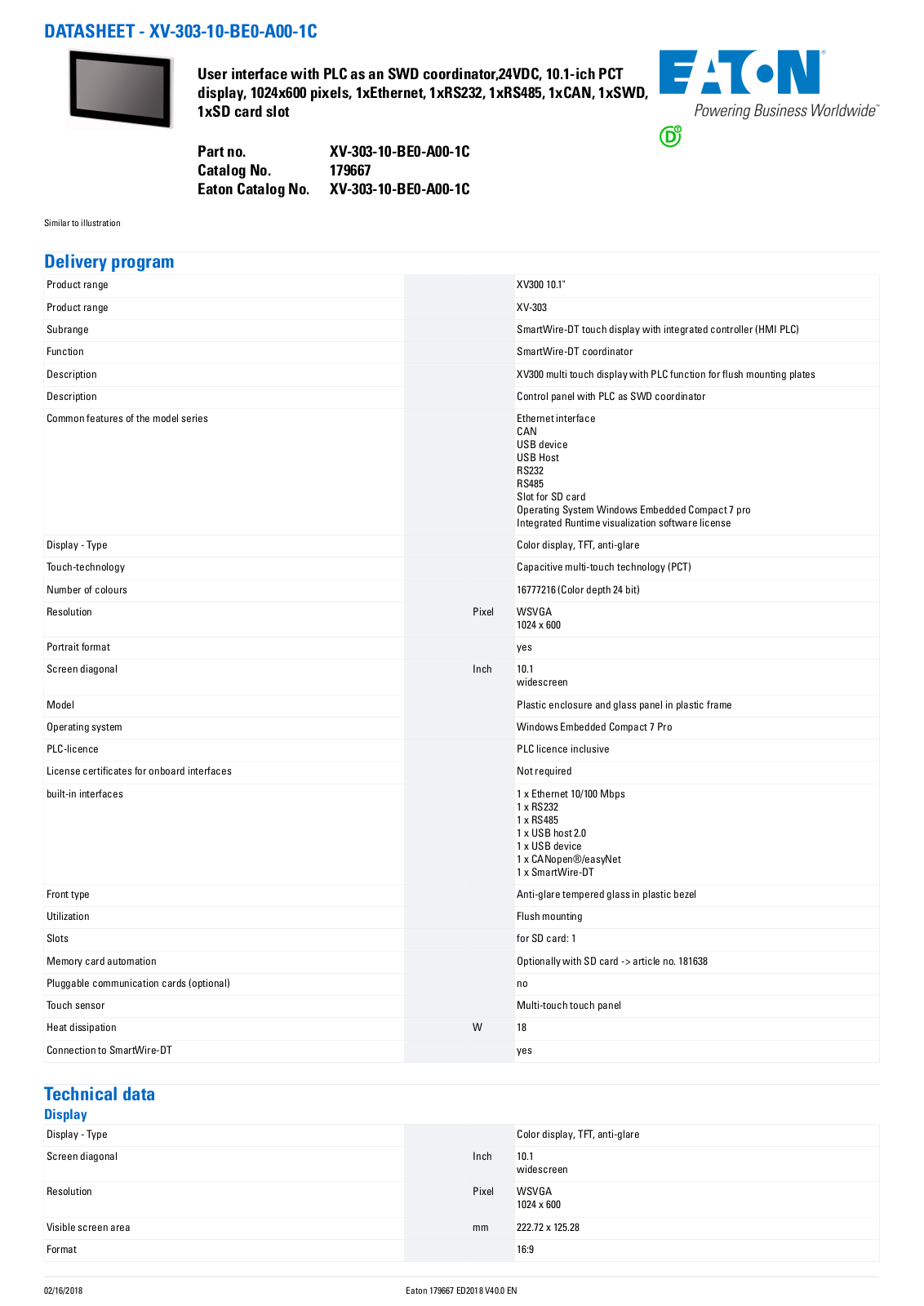 Cutler Hammer, Div of Eaton Corp XV-303-10-BE0-A00-1C Data Sheet