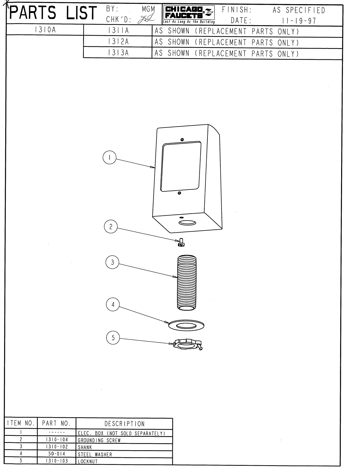 Chicago Faucet 1310-ABAF, 1310A Parts List