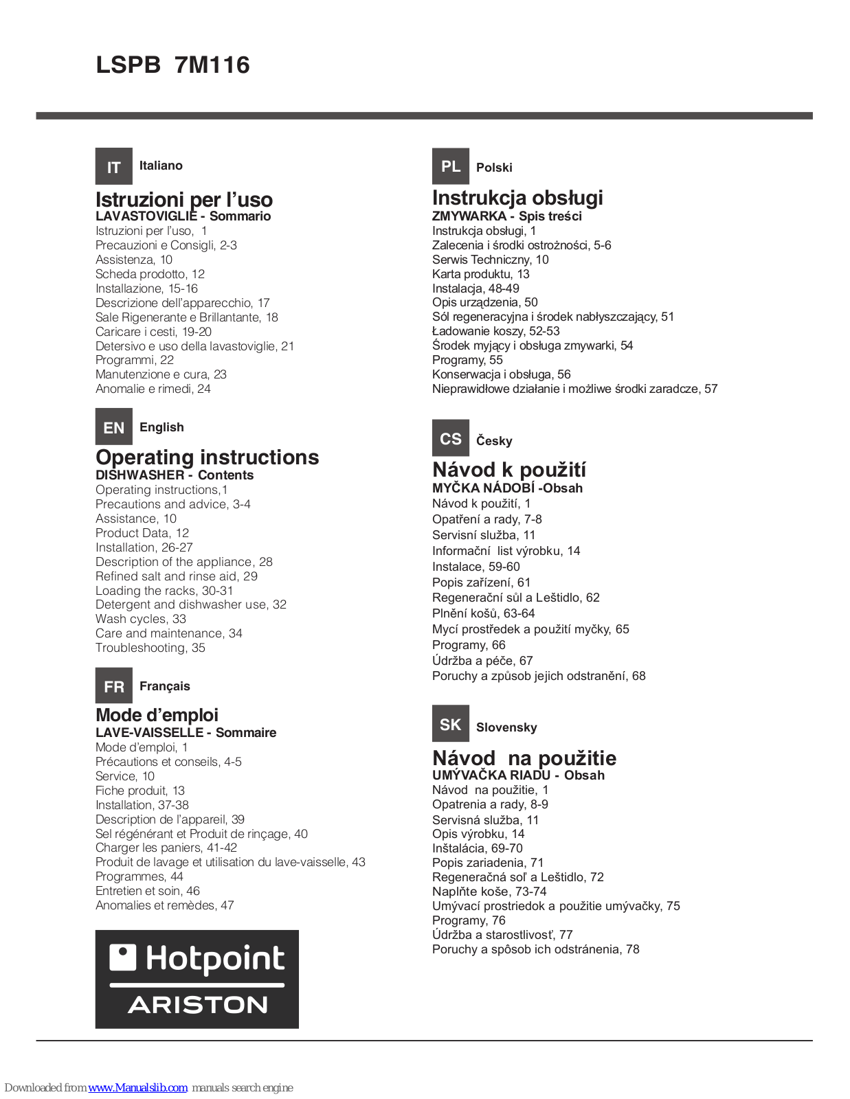 Hotpoint Ariston LSPB 7M116 Operating Instructions Manual