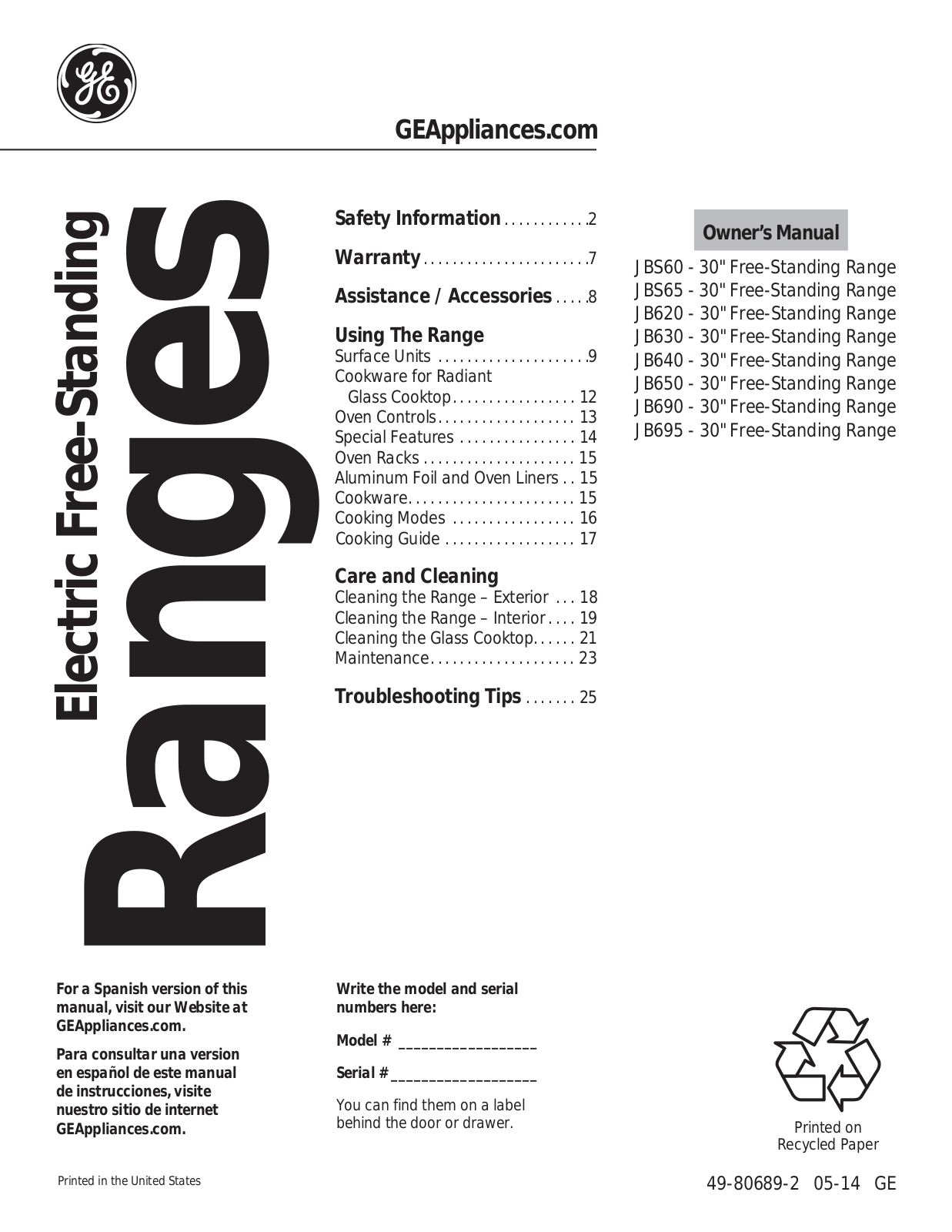 GE JB630DFBB, JBS60DFWW, JB690DFWW, JBS65DFBB User Manual