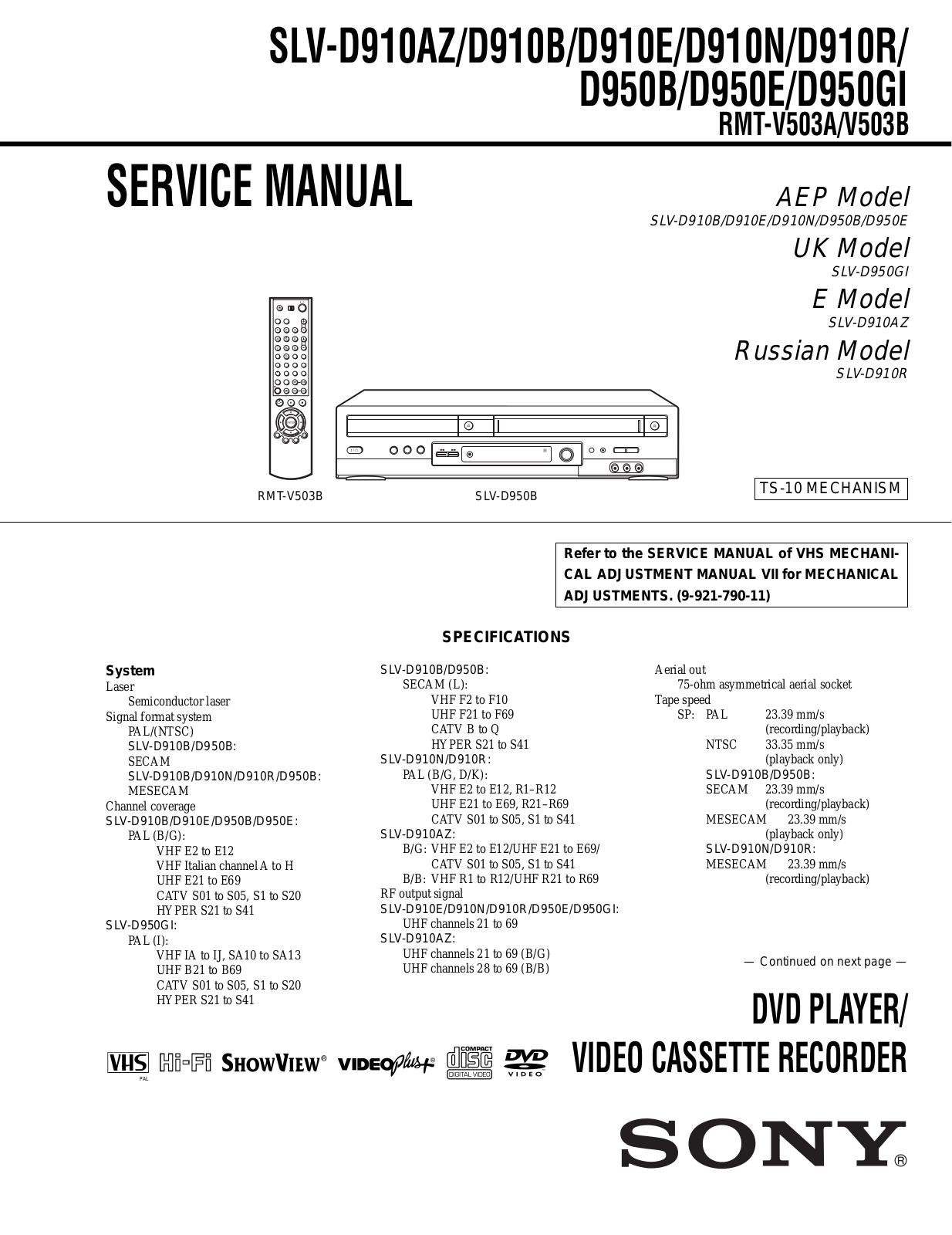 SONY SLV-D910AZ, SLV-D910B, SLV-D910E, SLV-D910N, SLV-D910R Service Manual