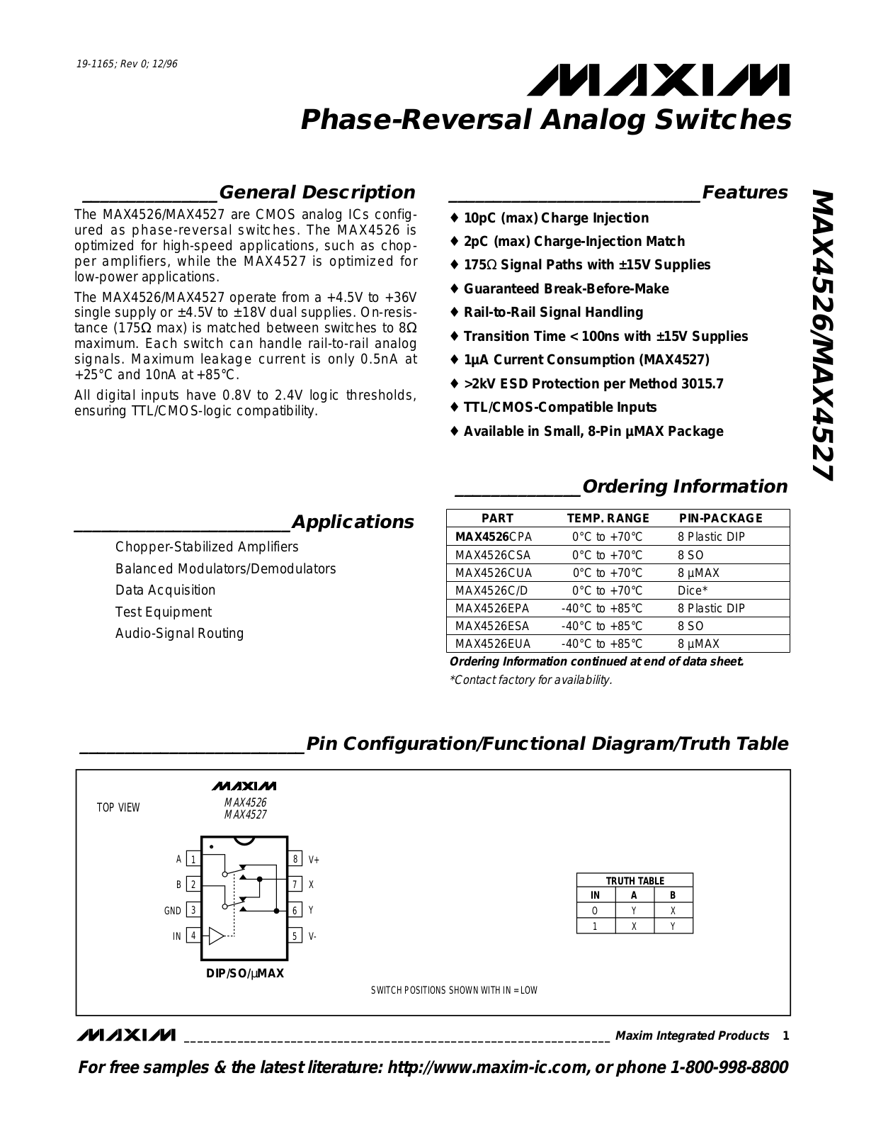 Maxim MAX4526EUA, MAX4526ESA, MAX4526EPA, MAX4526C-D, MAX4527ESA Datasheet