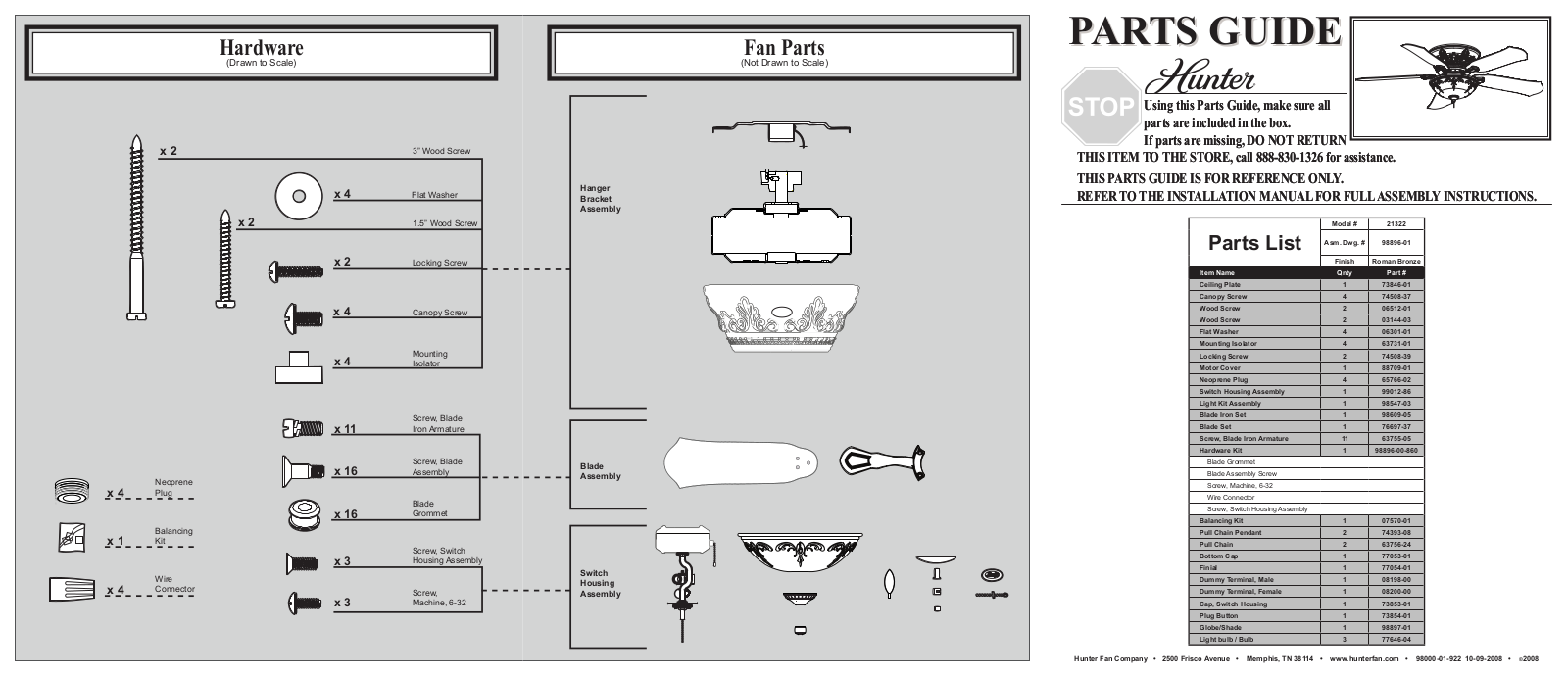 Hunter 21322 Parts Guide