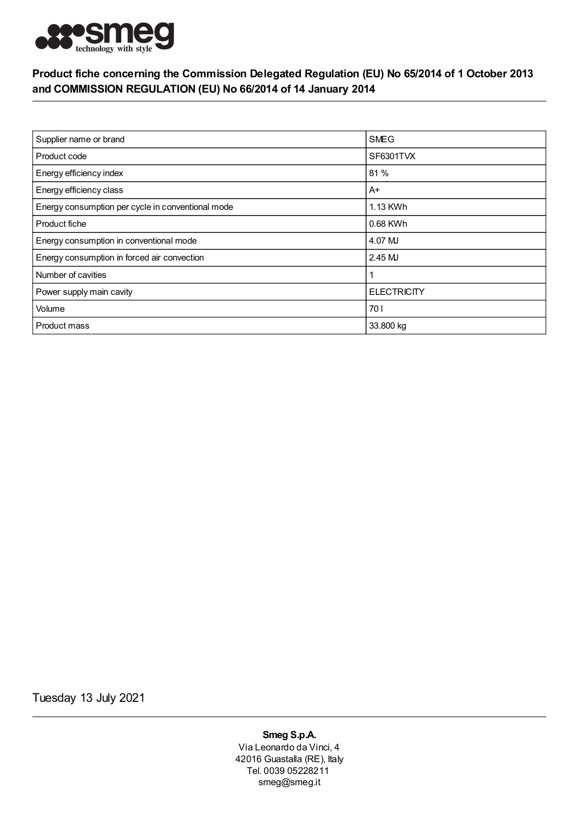 Smeg SF6301TVX product information sheet