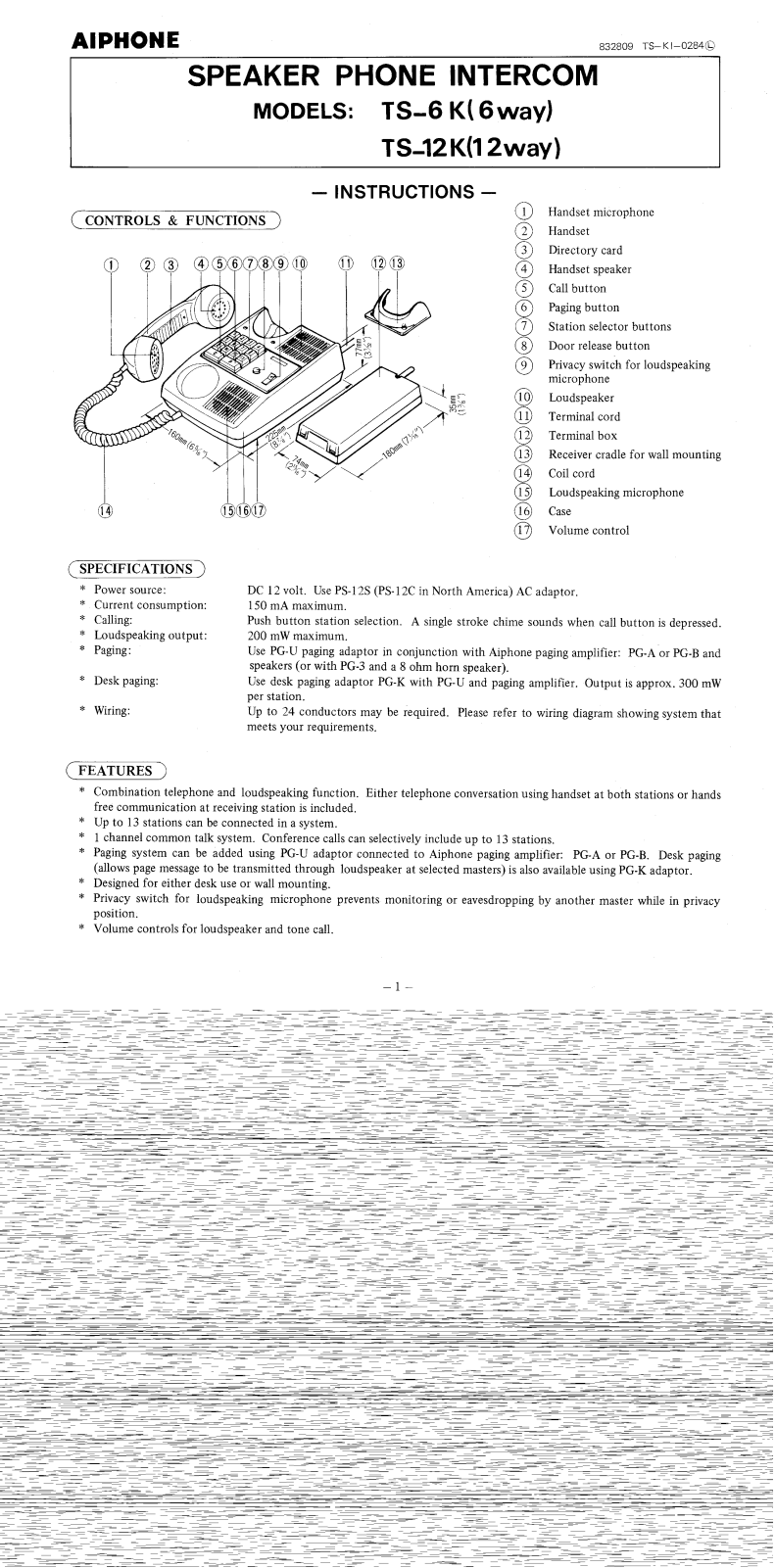 Aiphone TS-K INSTALLATION INSTRUCTIONS