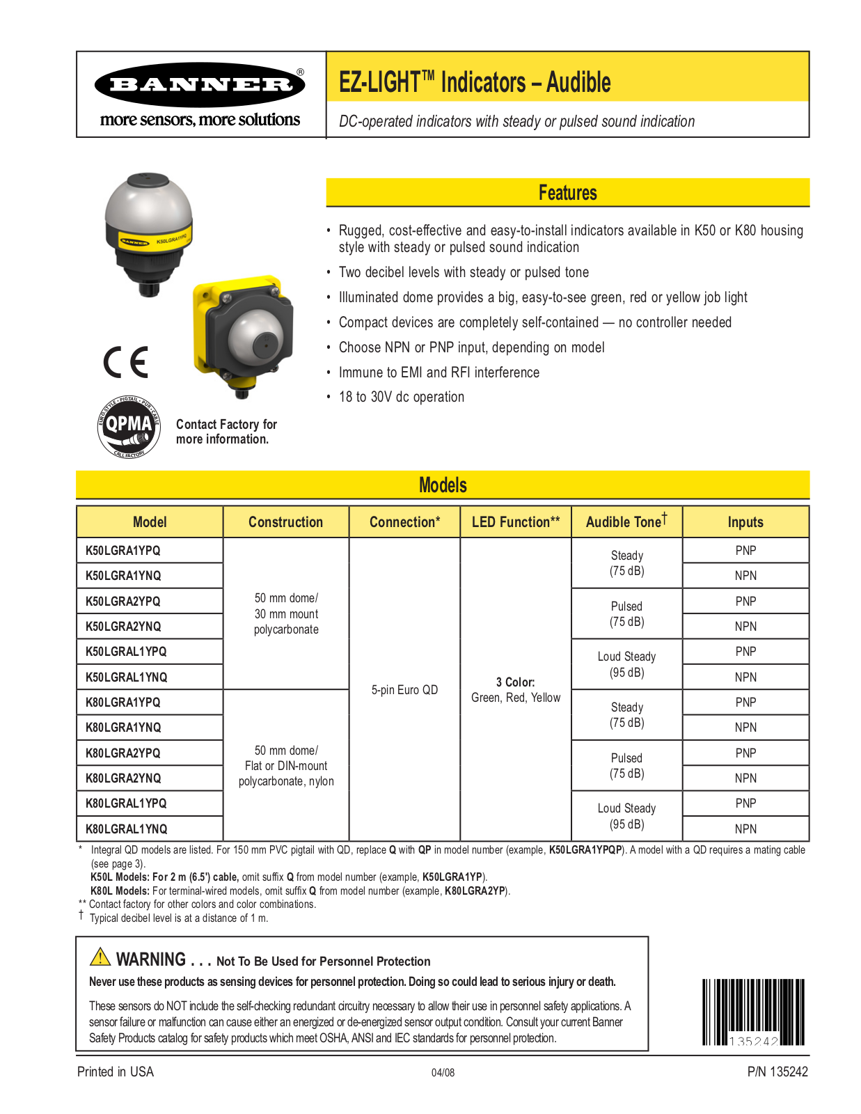 Banner K80L Audible EZ-LIGHT User Manual