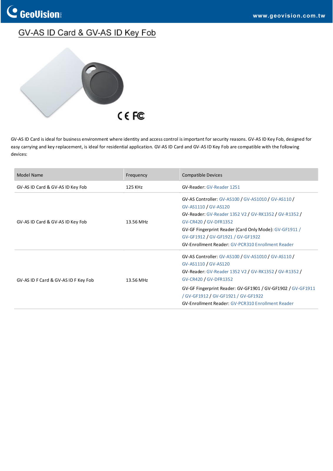 Geovision GV‐AS ID Card & GV‐AS ID Key Fob Specsheet