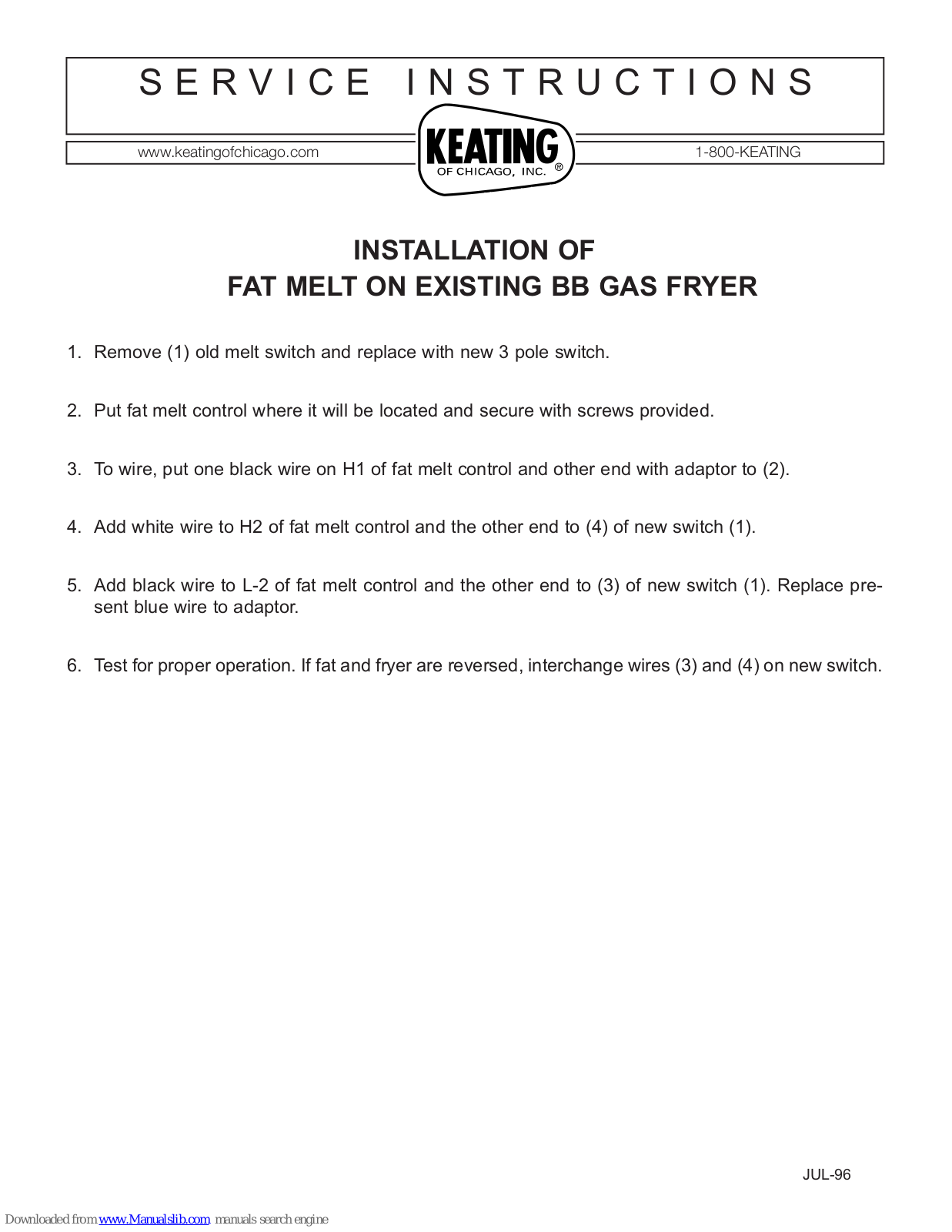 Keating Of Chicago Instant Recovery BB Gas Fryer Service Instructions Manual