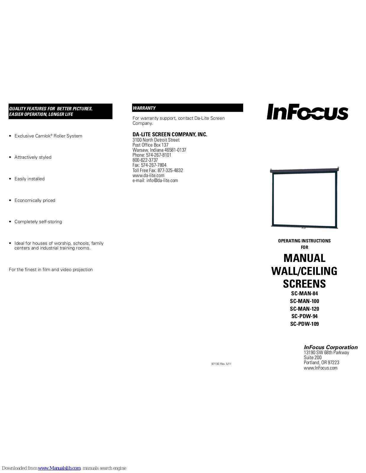 InFocus sc-man-84, sc-man-100, sc-man-120, sc-pdw-94, sc-pdw-109 Operating Instructions Manual