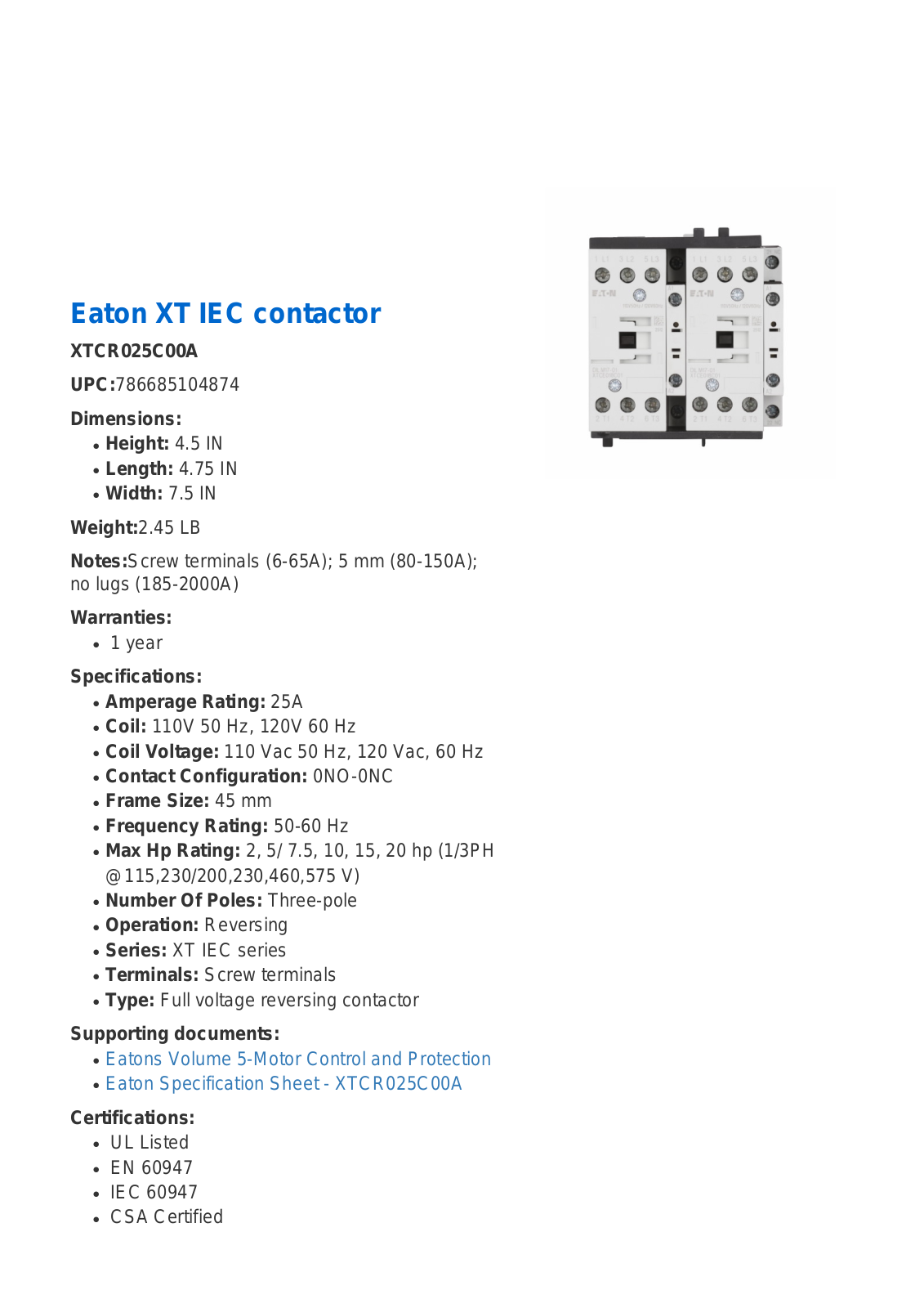 Cutler Hammer, Div of Eaton Corp XTCR025C00A Data Sheet