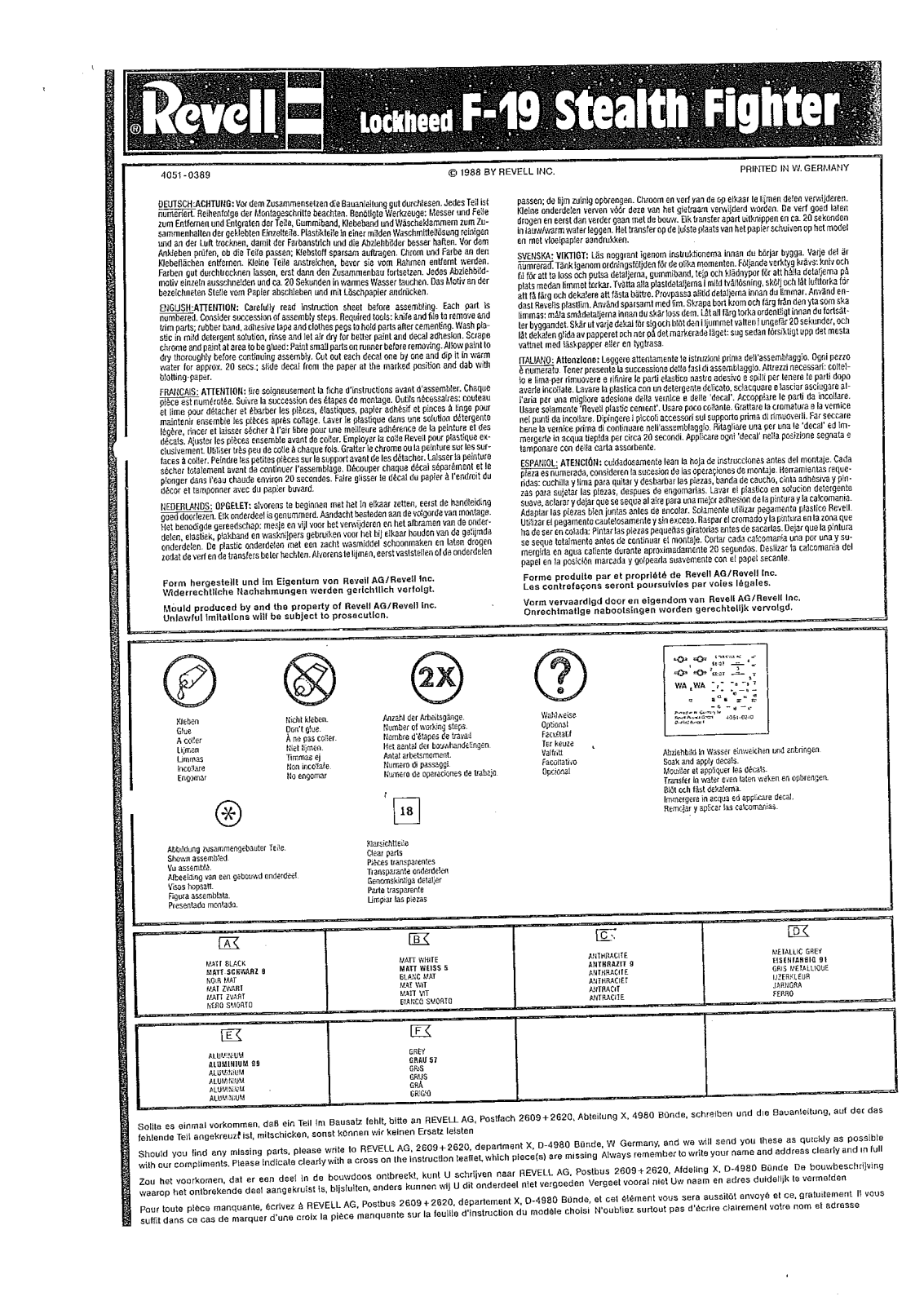 REVELL F19 Stealth Fighter User Manual