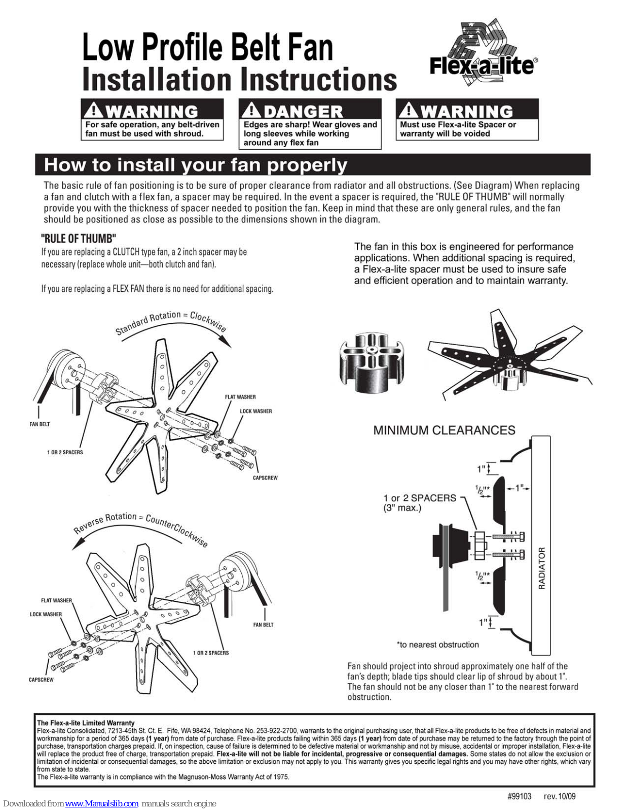 Flex-a-Lite Low Profile Belt Fan Installation Instructions Manual