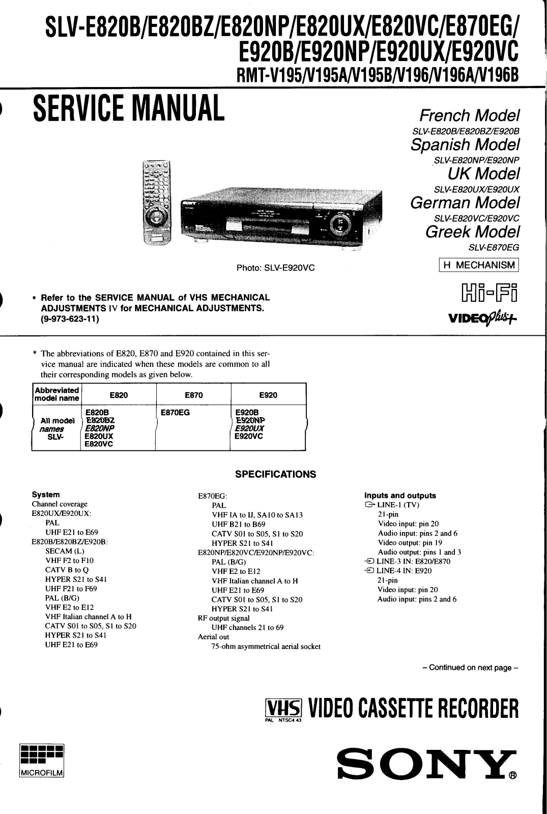 SONY Slv-e820, Slv-e870, Slv-e920 Service Manual