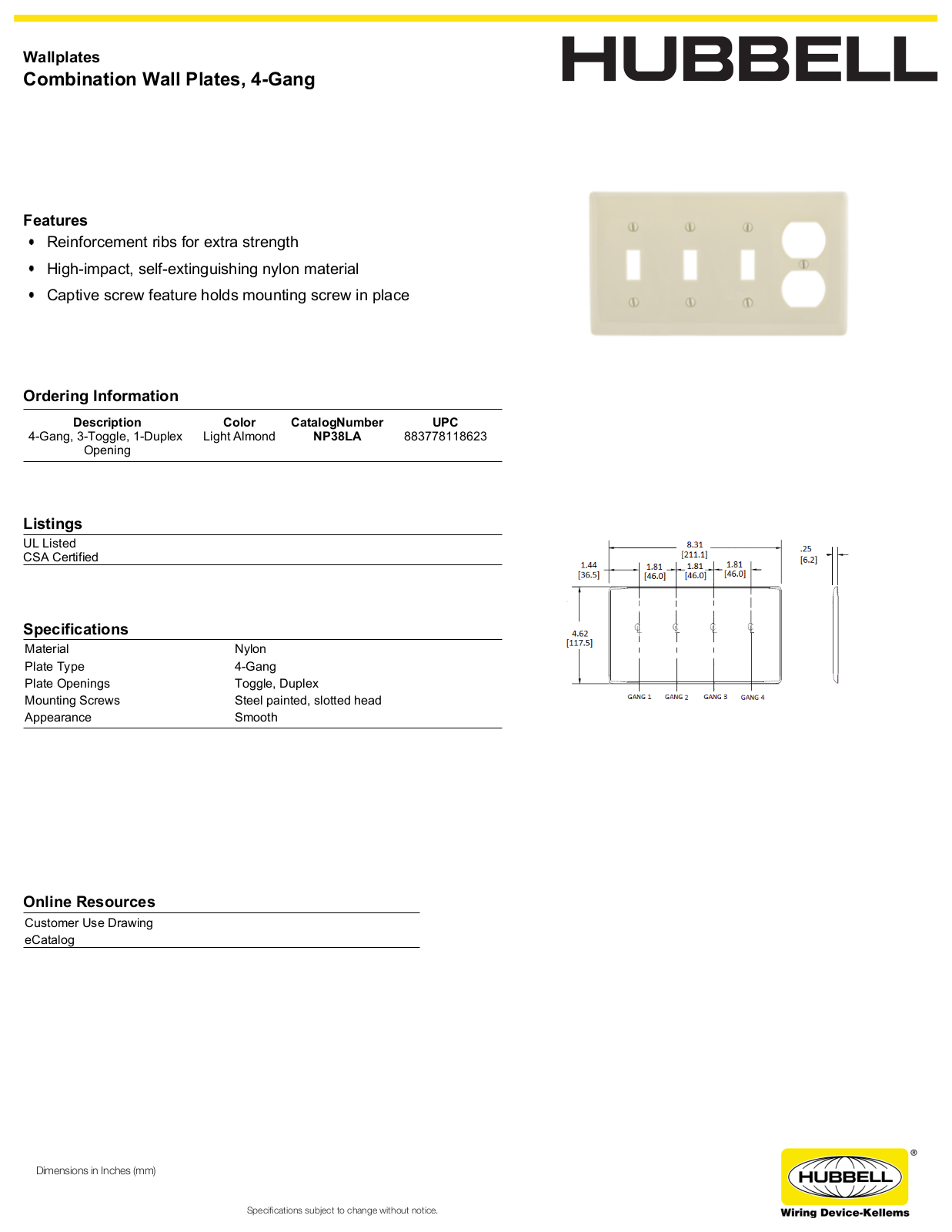 Hubbell NP38LA Specifications