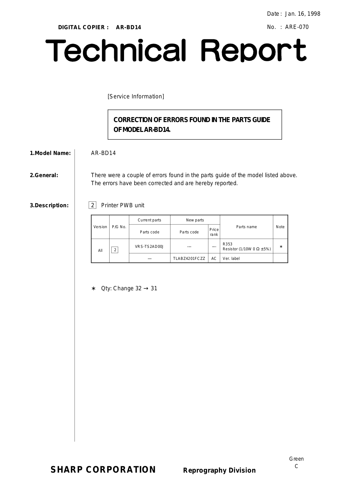 SHARP ARE070 Technical Report