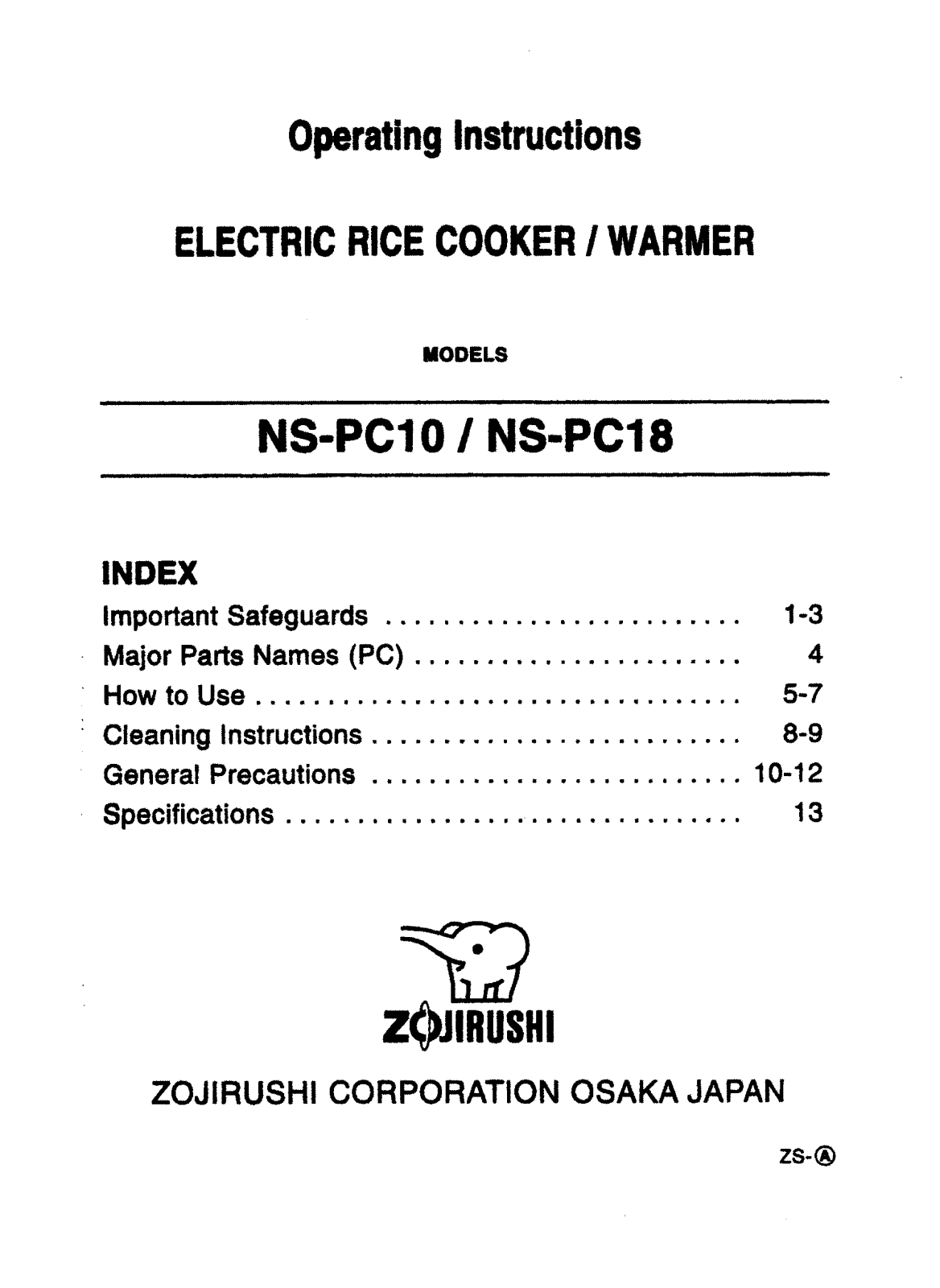 Zojirushi NS-PC18, NS-PC10 User Manual