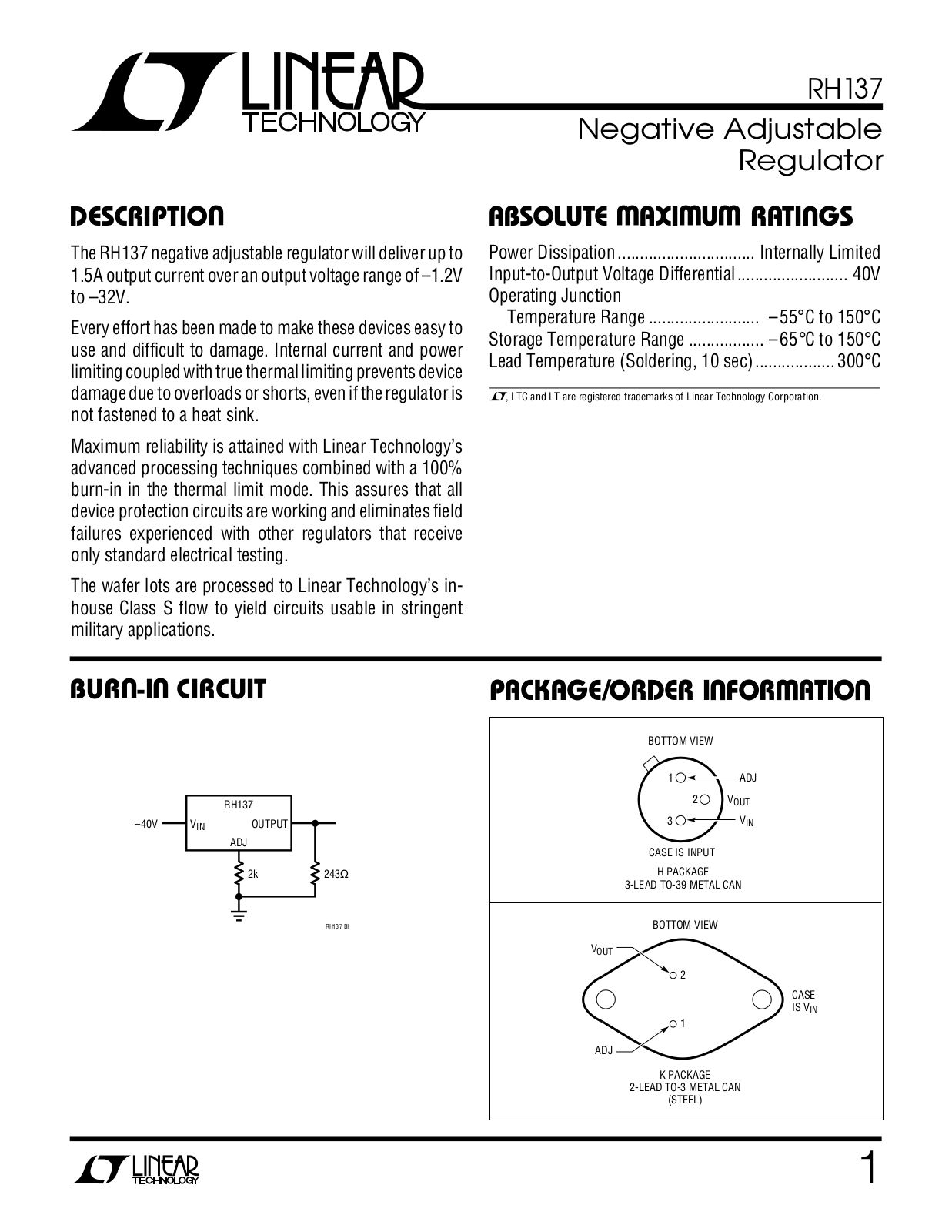 Linear Technology RH137 Datasheet