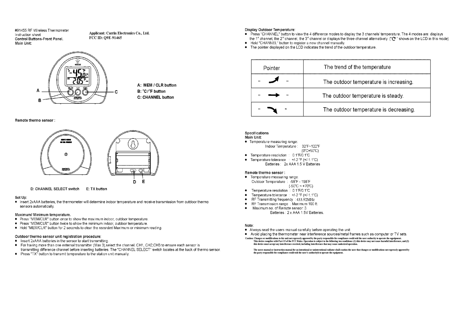 CARRIN ELECTRONICS 91465 User Manual