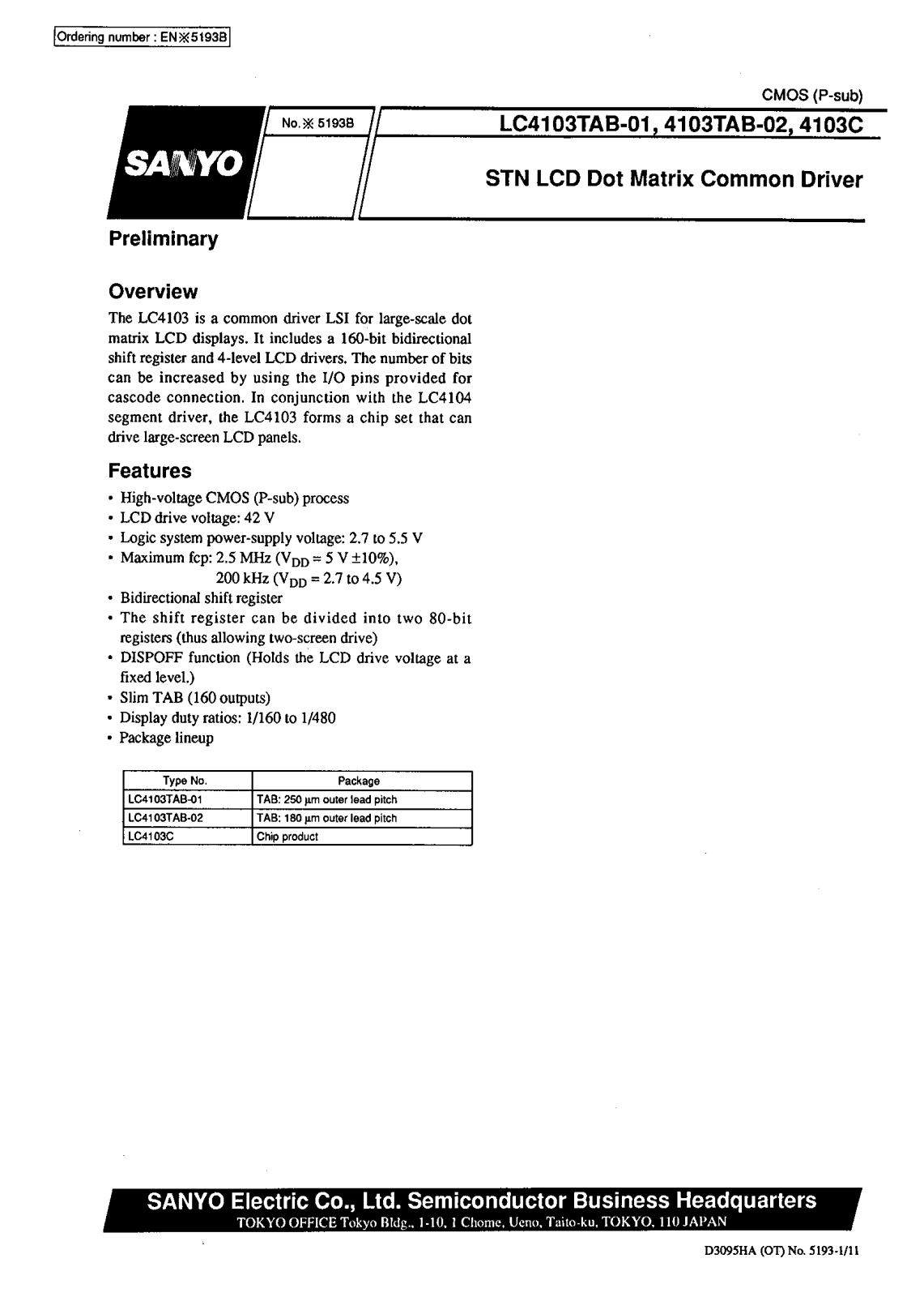 SANYO LC4103TAB-02, LC4103TAB-01, LC4103C Datasheet