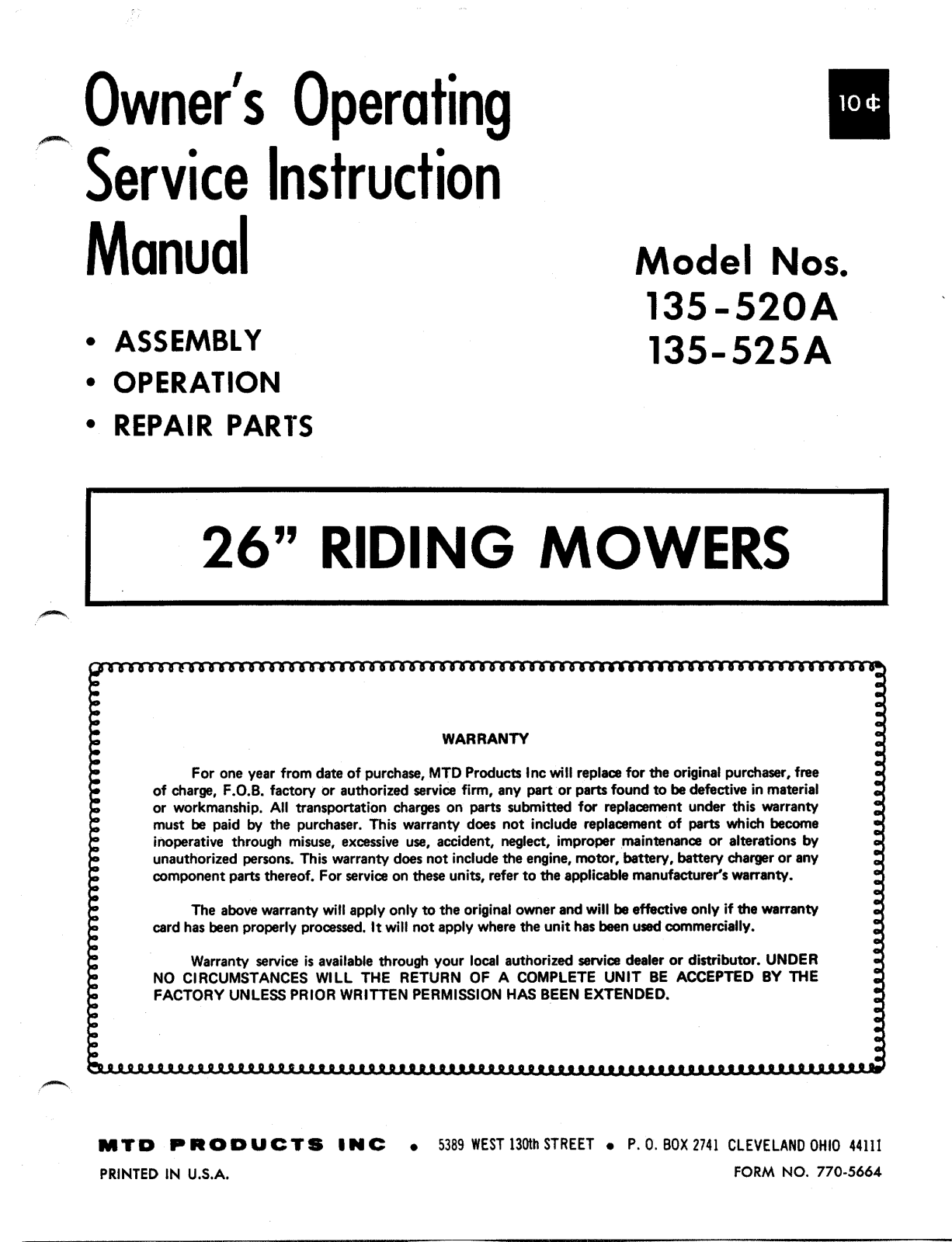 Mtd 135-520a, 135-525a owners Manual