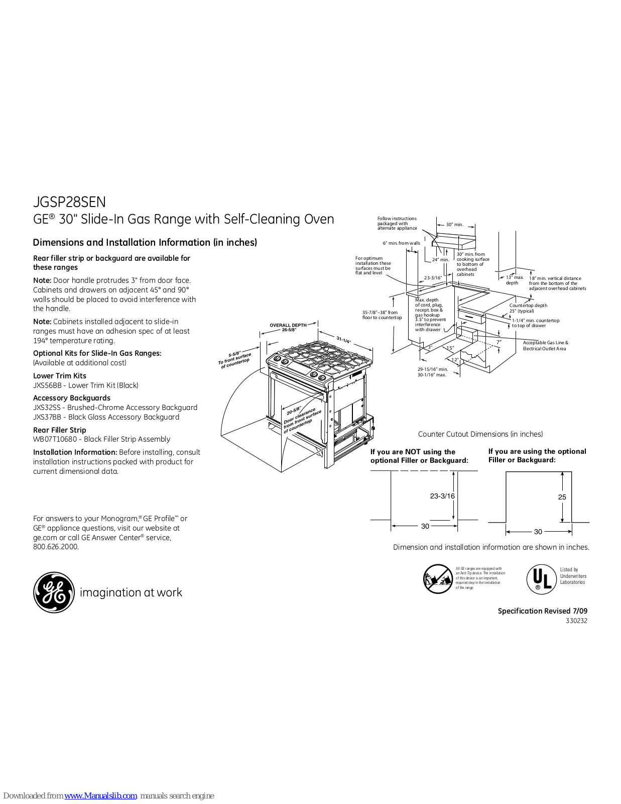 GE JGSP28SENSS - 30 Inch Slide-In Gas Range, JGSP28SEN, JGSP28SENSS Dimensions And Installation Information