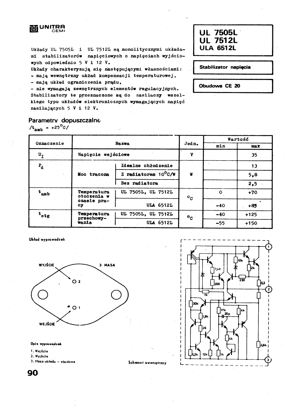 UNITRA UL 7505L, UL 7512L, ULA 6512L Technical data