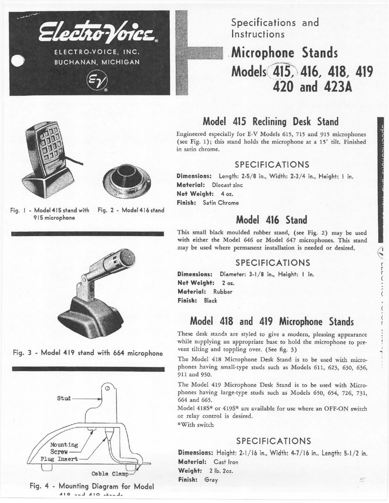 Electro-voice 419, 420, 418, 423A, 416 DATASHEET