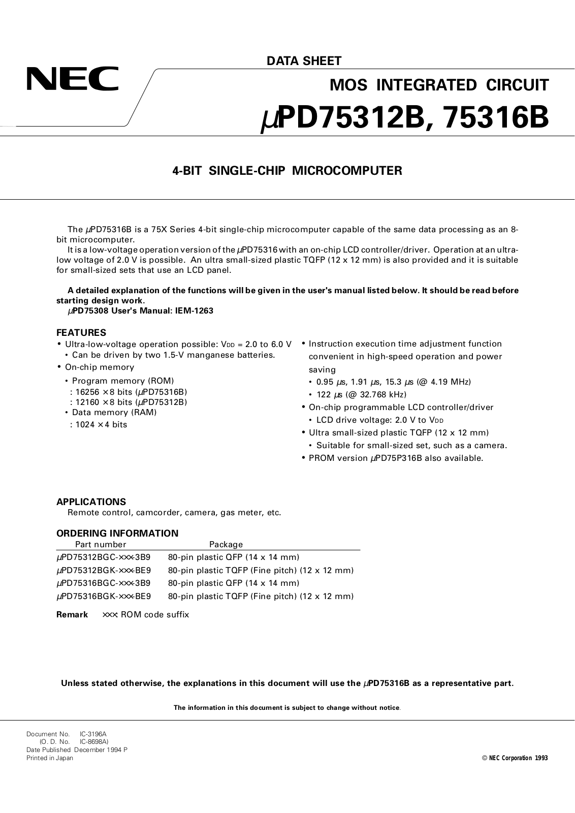 NEC UPD75316BGC-XXX-3B9, UPD75316BGK-XXX-BE9, UPD75312BGC-XXX-3B9, UPD75312BGK-XXX-BE9 Datasheet