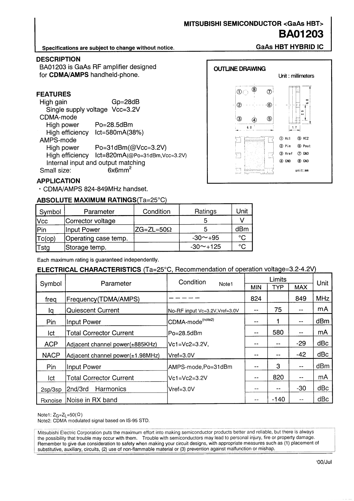 Mitsubishi Electric Corporation Semiconductor Group BA01203 Datasheet