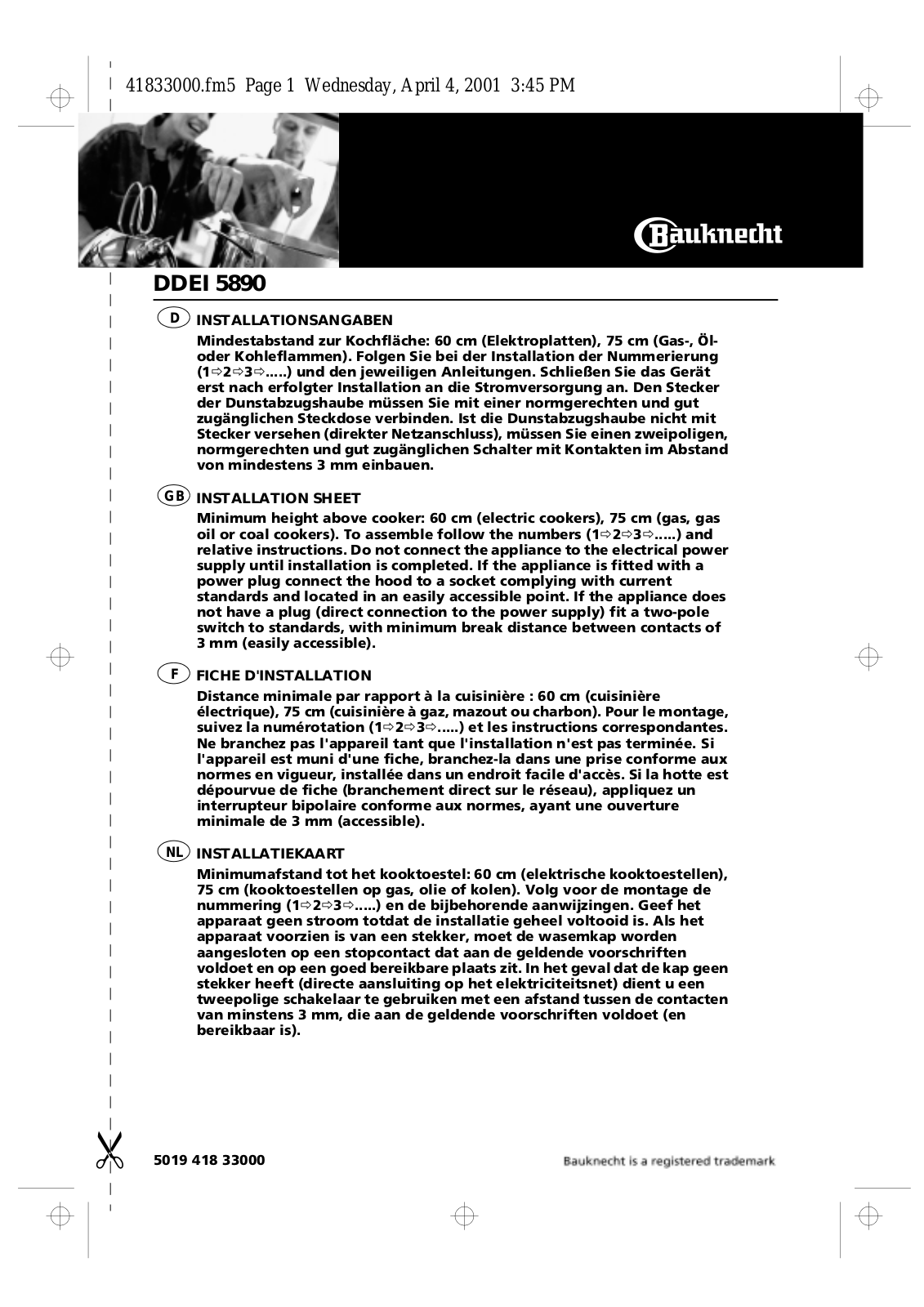 bauknecht DDEI 5890 INSTALLATION SHEET