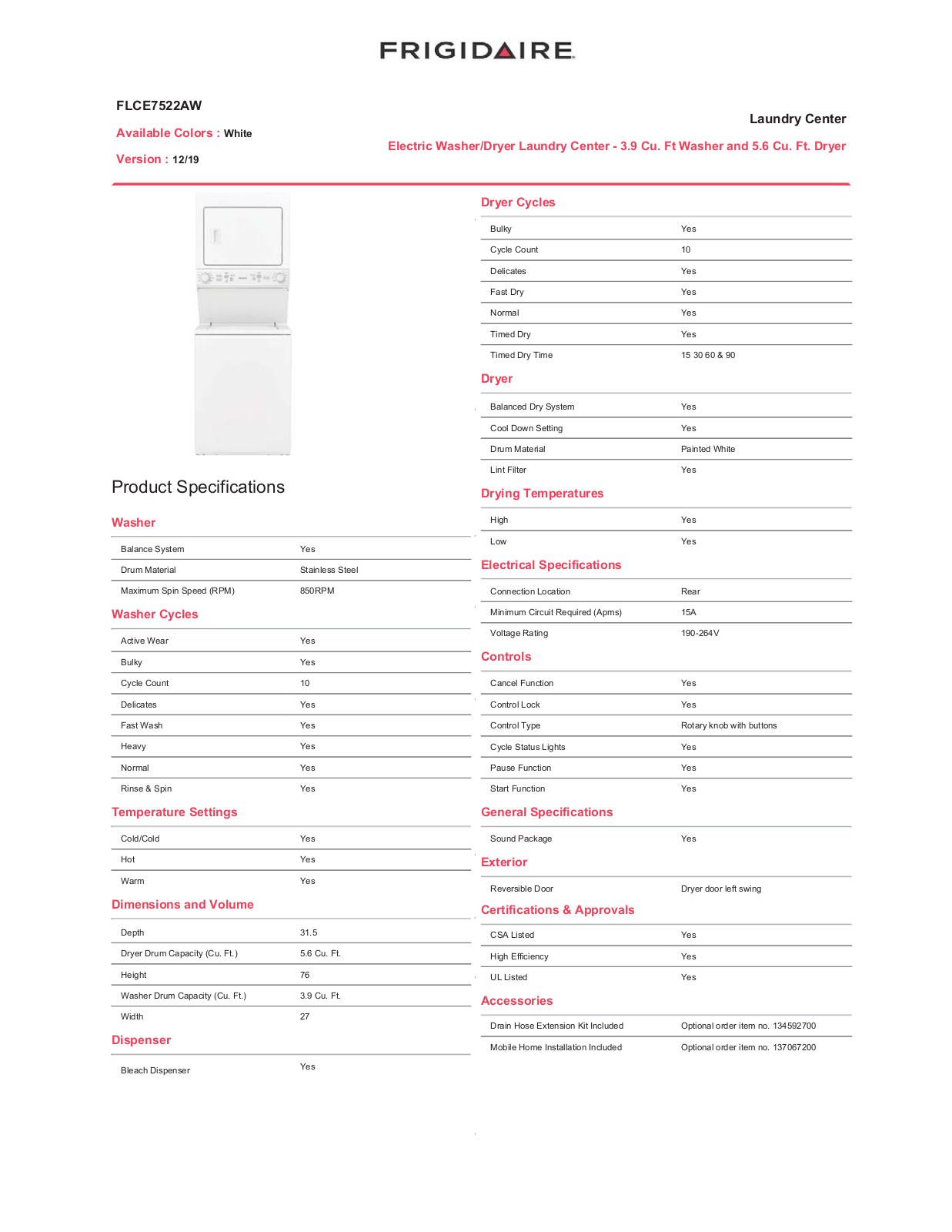 Frigidaire FLCE7522AW Specifications