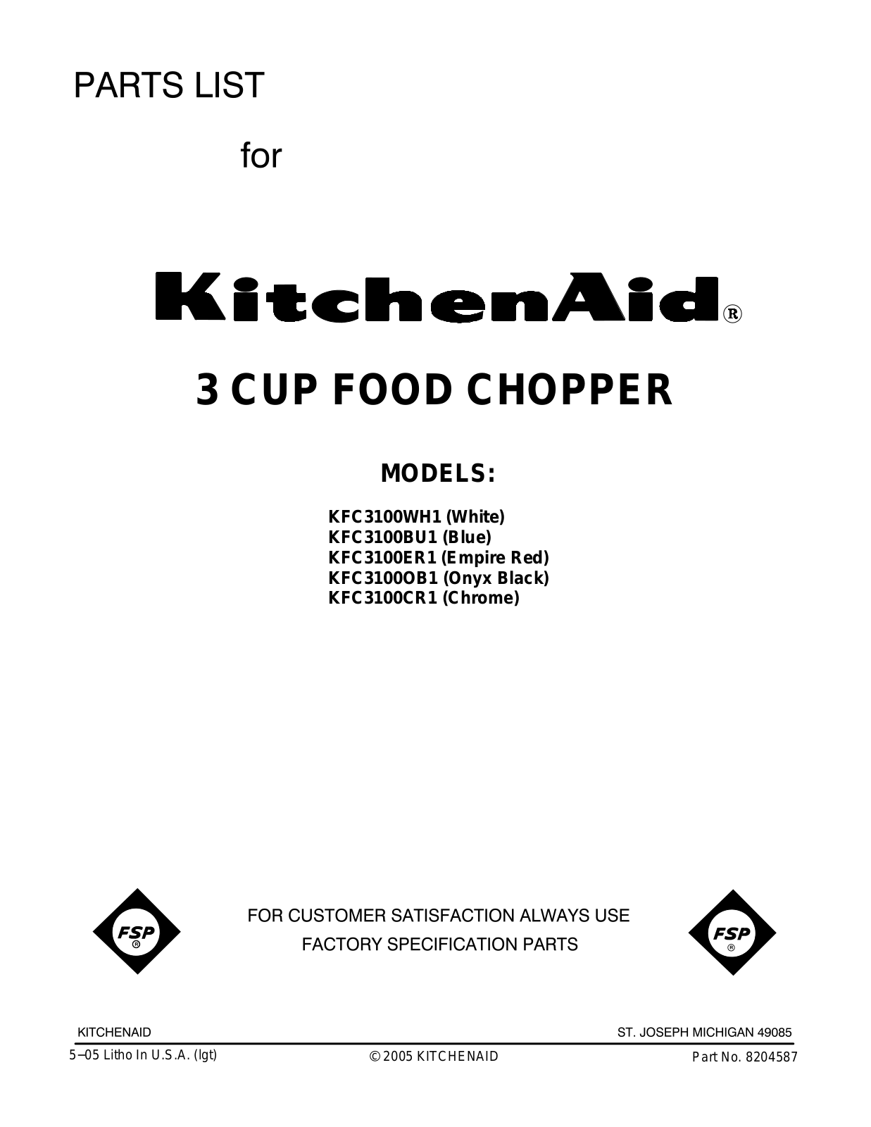 KitchenAid KFC3100OB1, KFC3100WH1, KFC3100CR1, KFC3100ER1, KFC3100BU1 User Manual