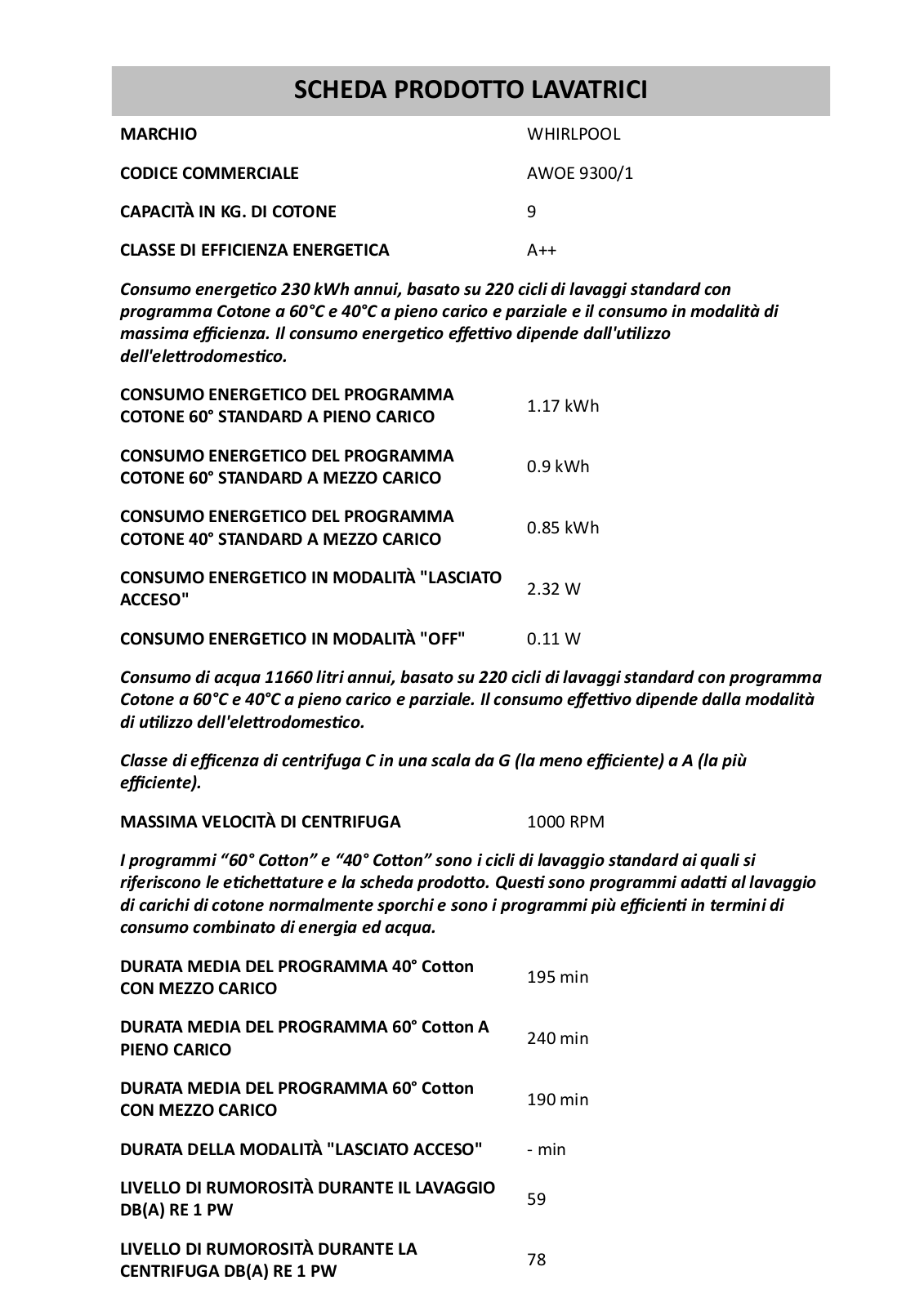 Whirlpool AWOE 9300/1 INSTRUCTION FOR USE