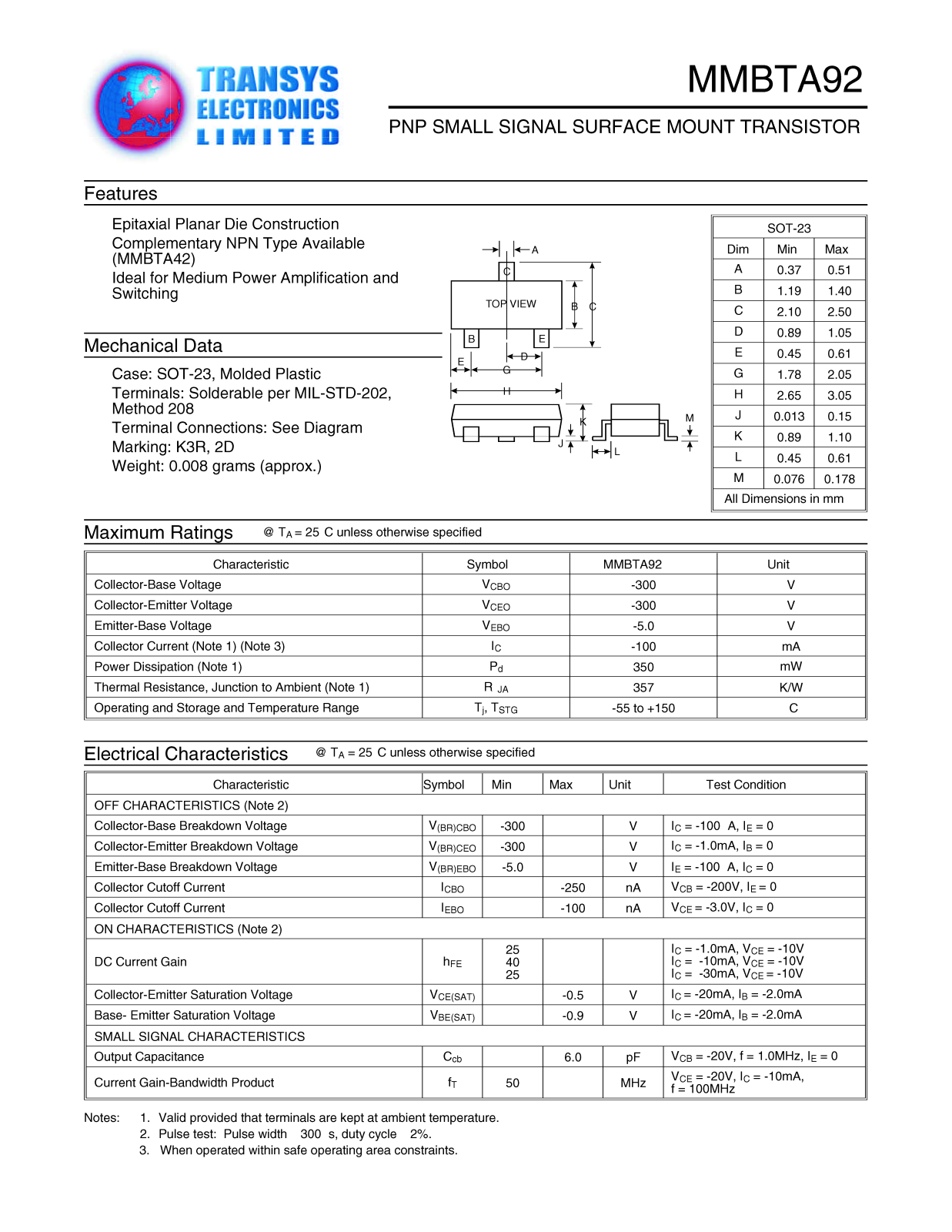 TEL MMBTA92 Datasheet