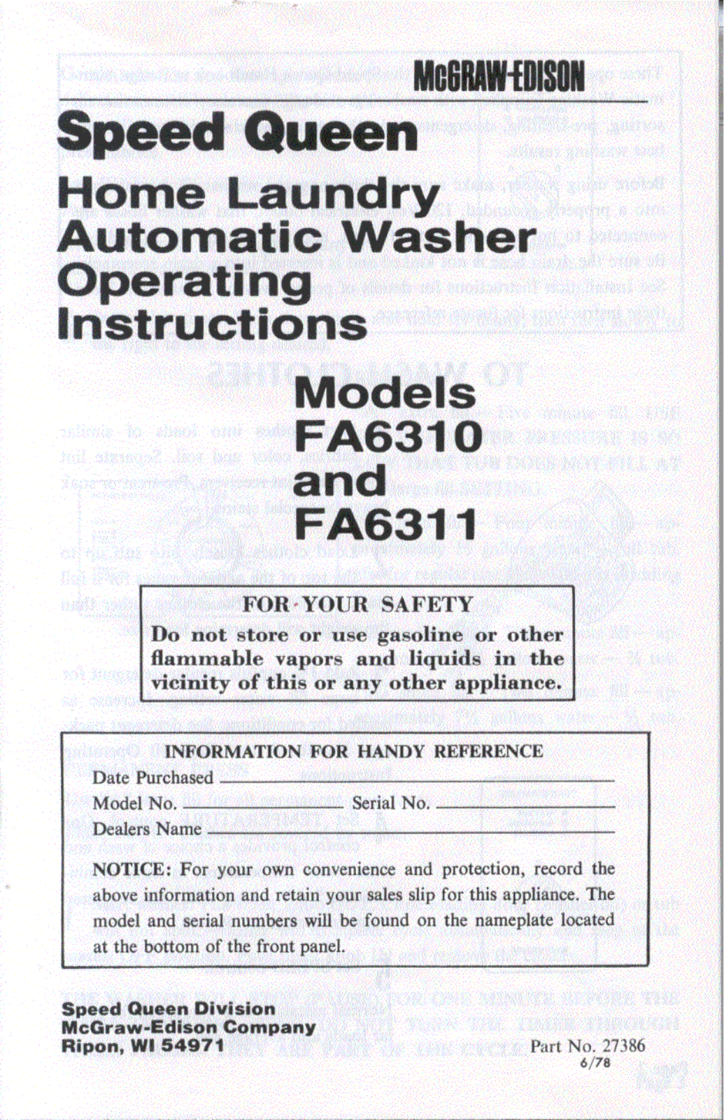 Speed Queen FA6310, FA6311 Owner's Manual