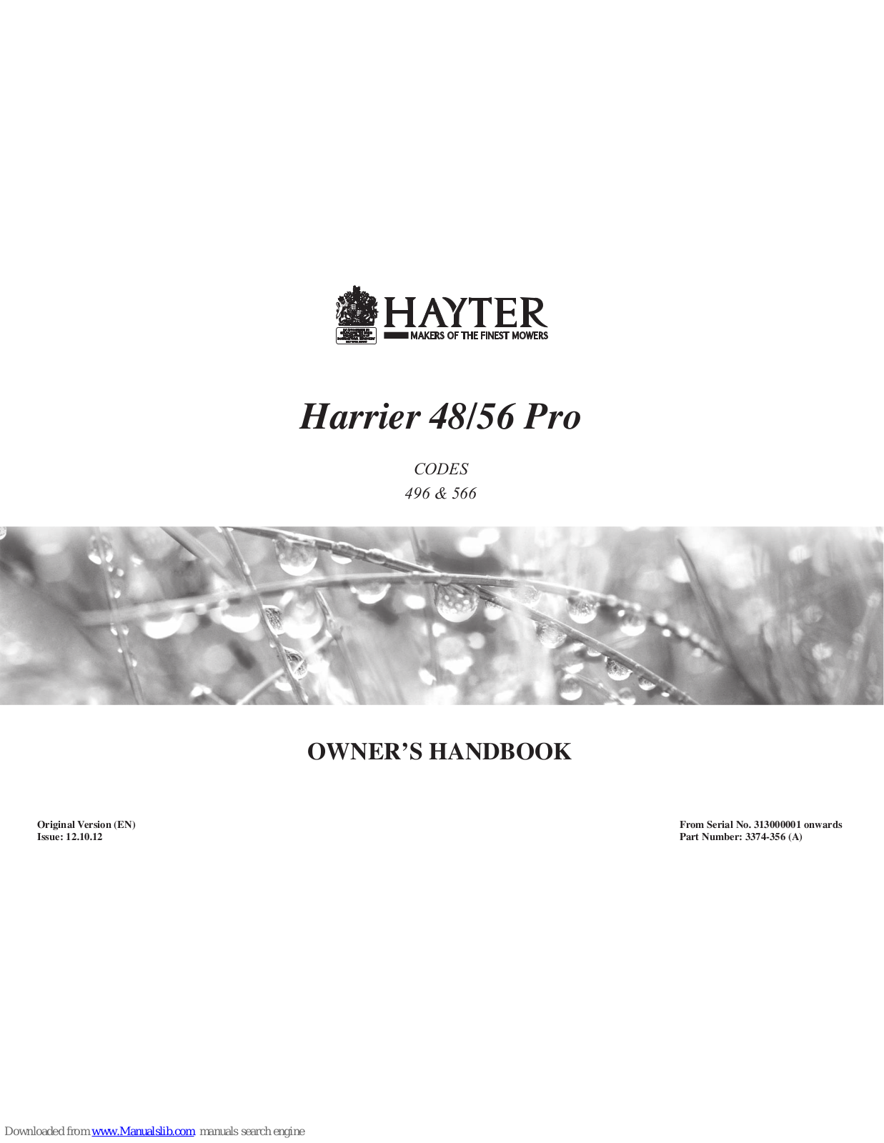 Hayter Harrier 48 Pro 496 Owner's Handbook Manual