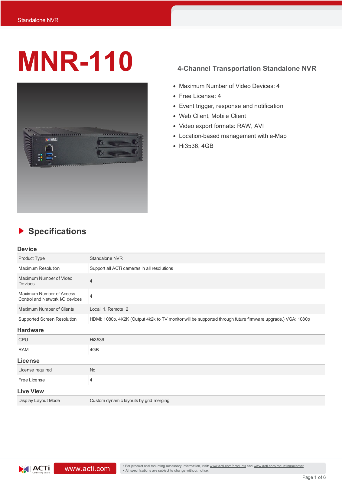 ACTi MNR-110 Specsheet